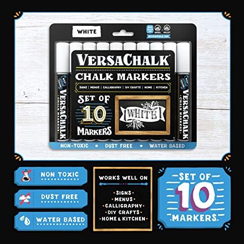 VersaChalk White Liquid Chalk Markers - 10 Pack with 5mm Bold Tip | Erasable & Washable Chalkboard Pens for Blackboards, Windows, Glass & Non-Porous Surfaces | Perfect for Restaurant Menus, Classroom Teaching, Retail Signs & DIY Home Decor
