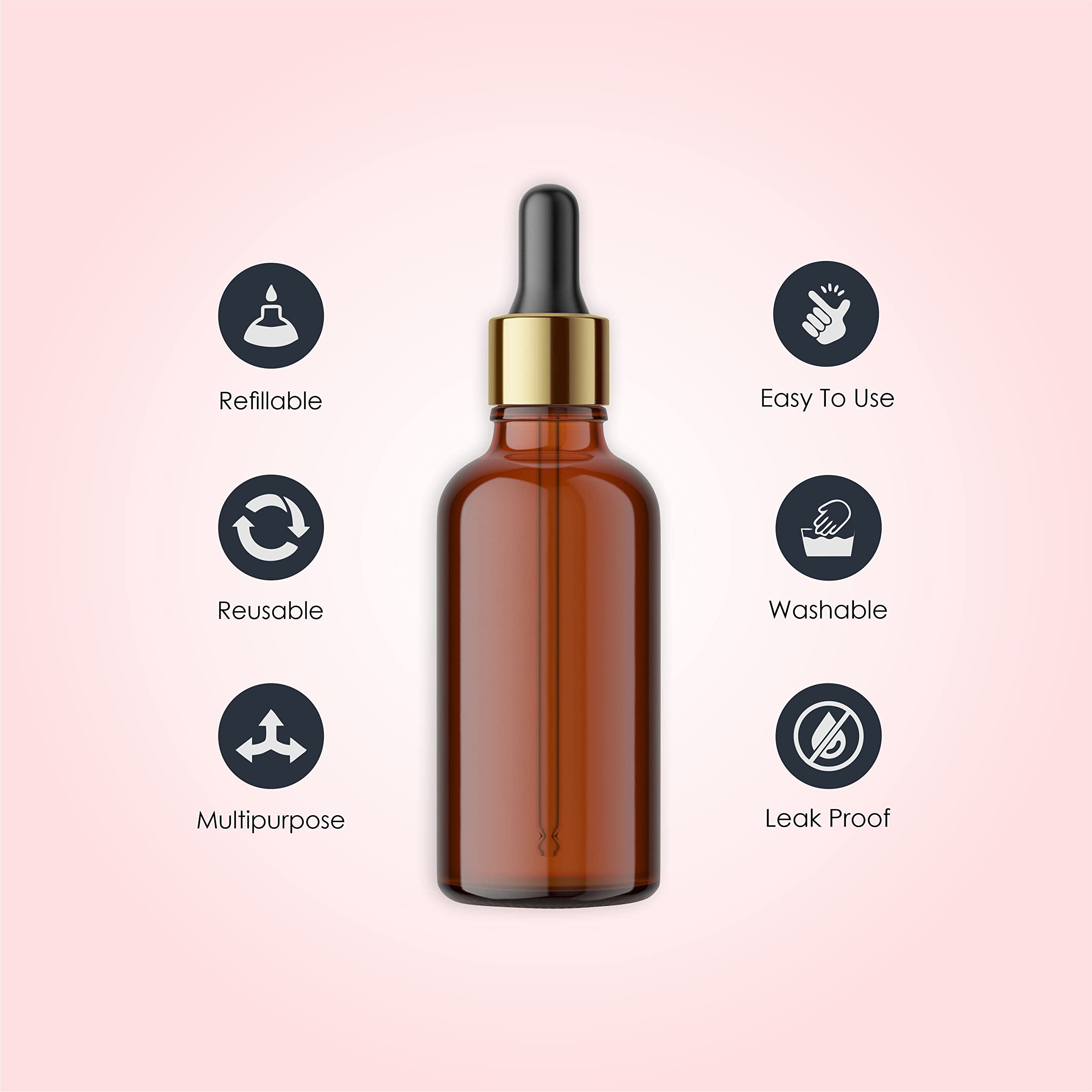 50ml Amber Glass Dropper Bottles with Golden Ring & Black Silicone Cap - Refillable Essential Oil Bottles for DIY, Tinctures, Serums & Cosmetics (Pack of 3) | Perfect for Aromatherapy, Skincare & Travel-Sized Beauty Products