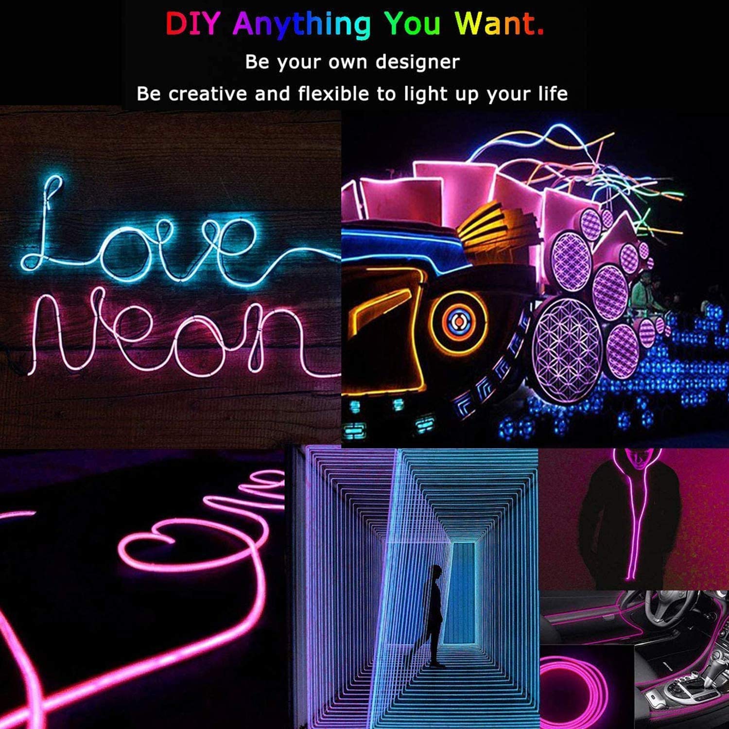 JIGUOOR 9.8ft EL Wire Battery Pack - Bright 360° Illumination Neon Light Strip for DIY, Party, Halloween & Christmas Decorations (3m Purple) - Perfect for Nightclubs, Raves, Costumes & Home Decor