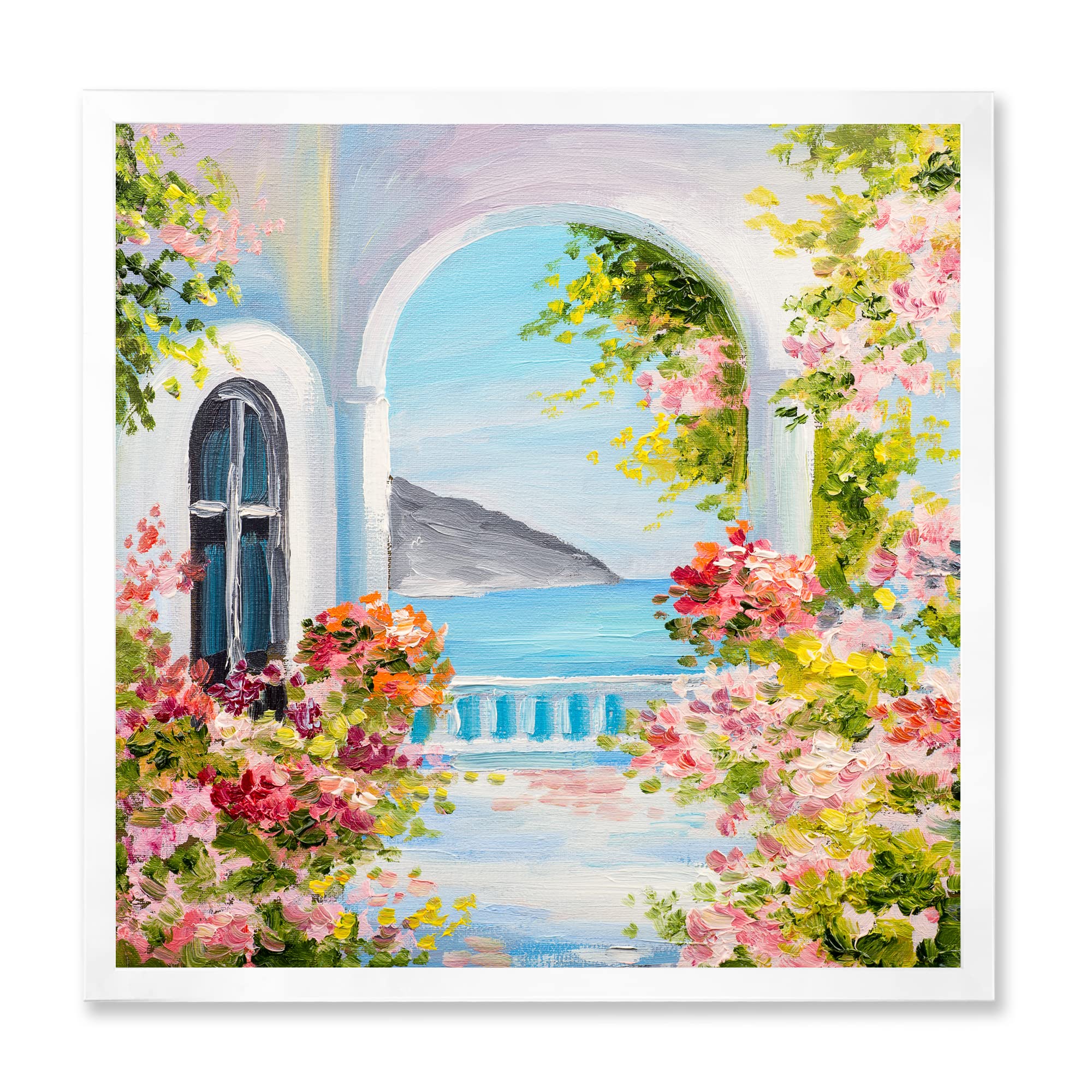 Traditional Greek House Wall Art with Pink Flowers - Nautical & Coastal Framed Decor for Living Room, Bedroom, or Beach House