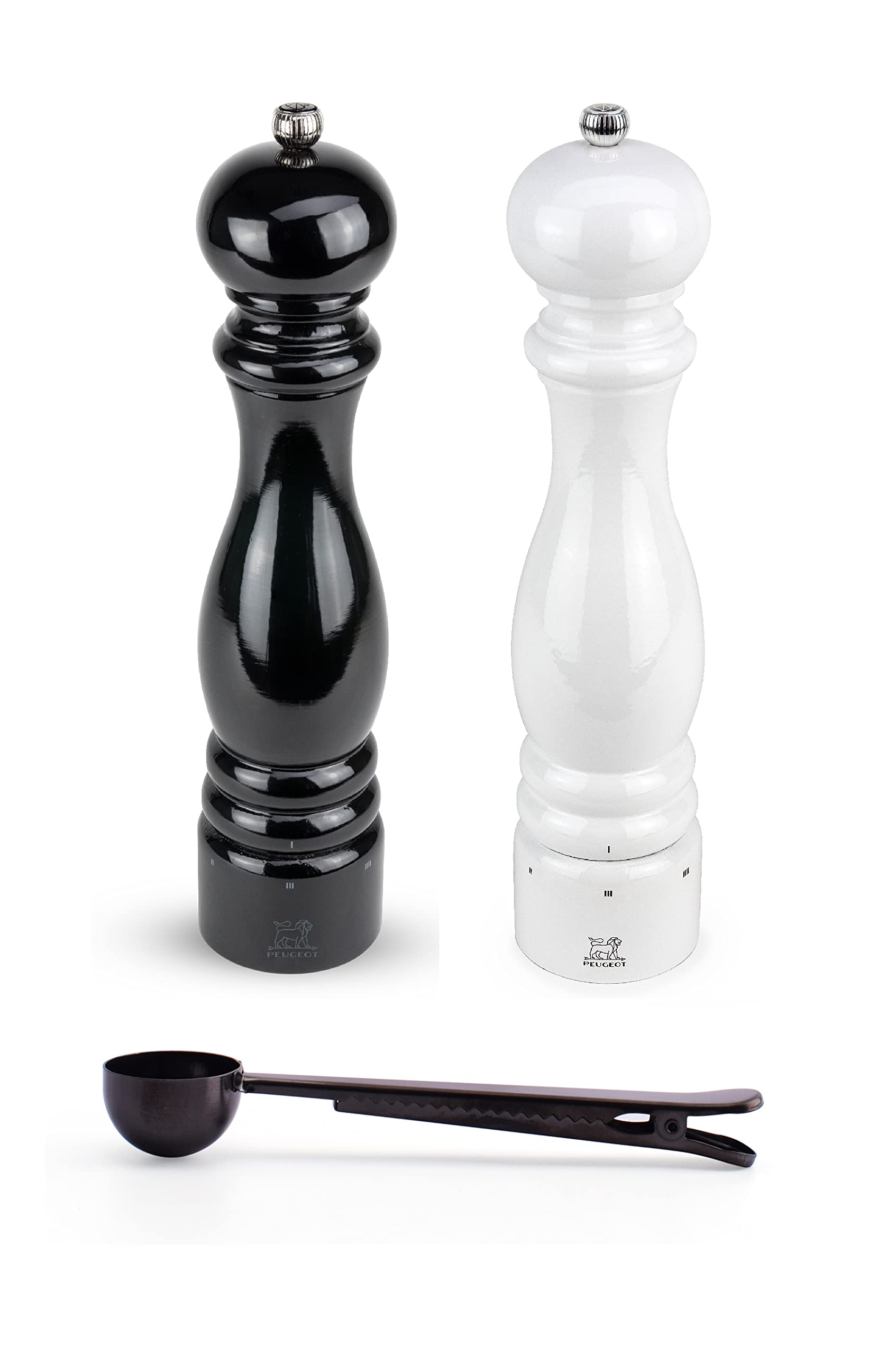 Premium Peugeot Paris u'Select 6-Setting Manual Salt and Pepper Mill Set with Stainless Steel Scoop - French-Made (12-Inch, White & Black Lacquer) - Ideal for Gourmet Cooking, Dining Tables & Kitchen Gifts