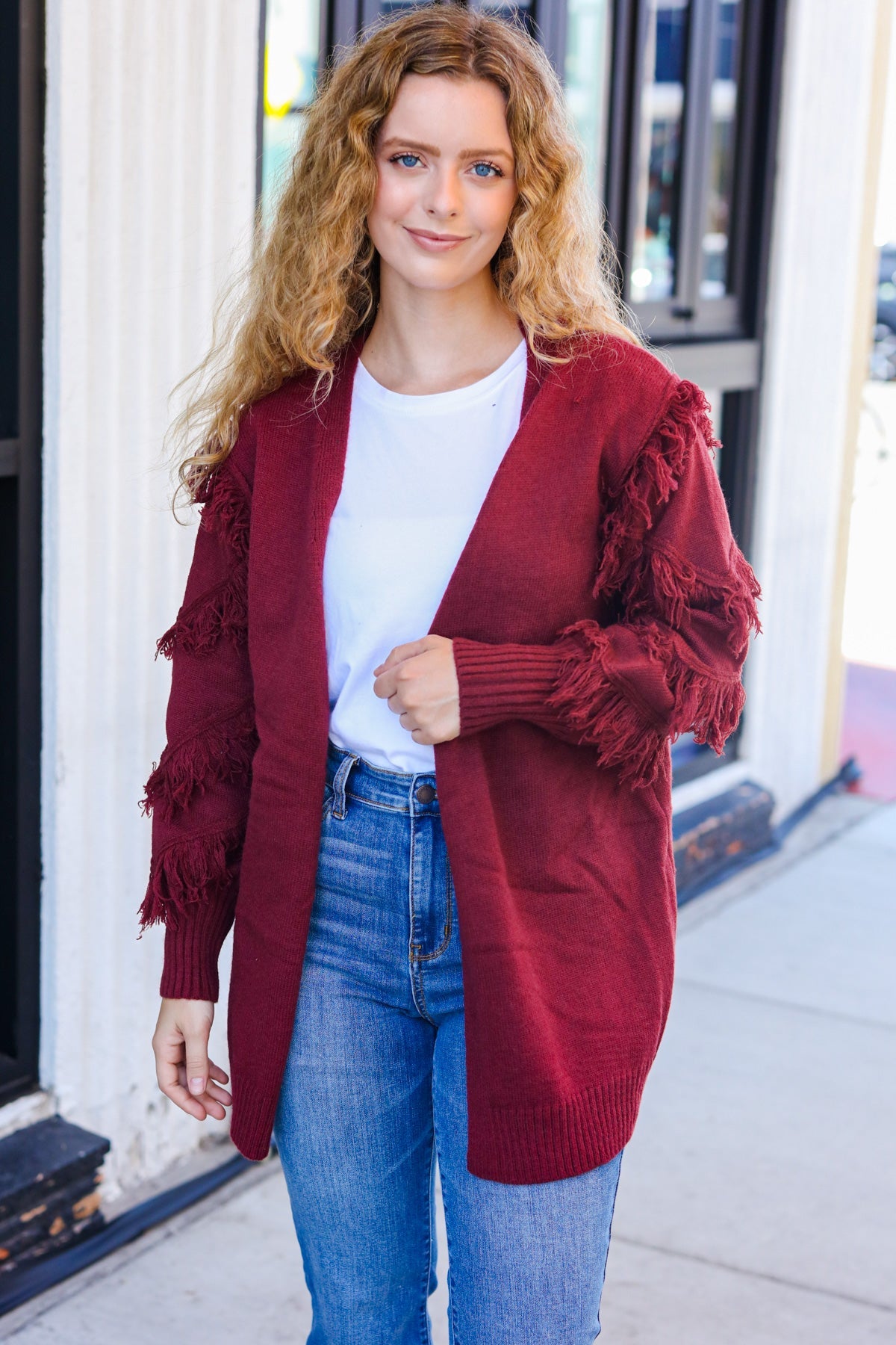 Stylish Burgundy Fringe Detail Knit Cardigan for Women | Elegant Open Front Sweater | Perfect for Fall Outfits, Date Nights & Office Wear