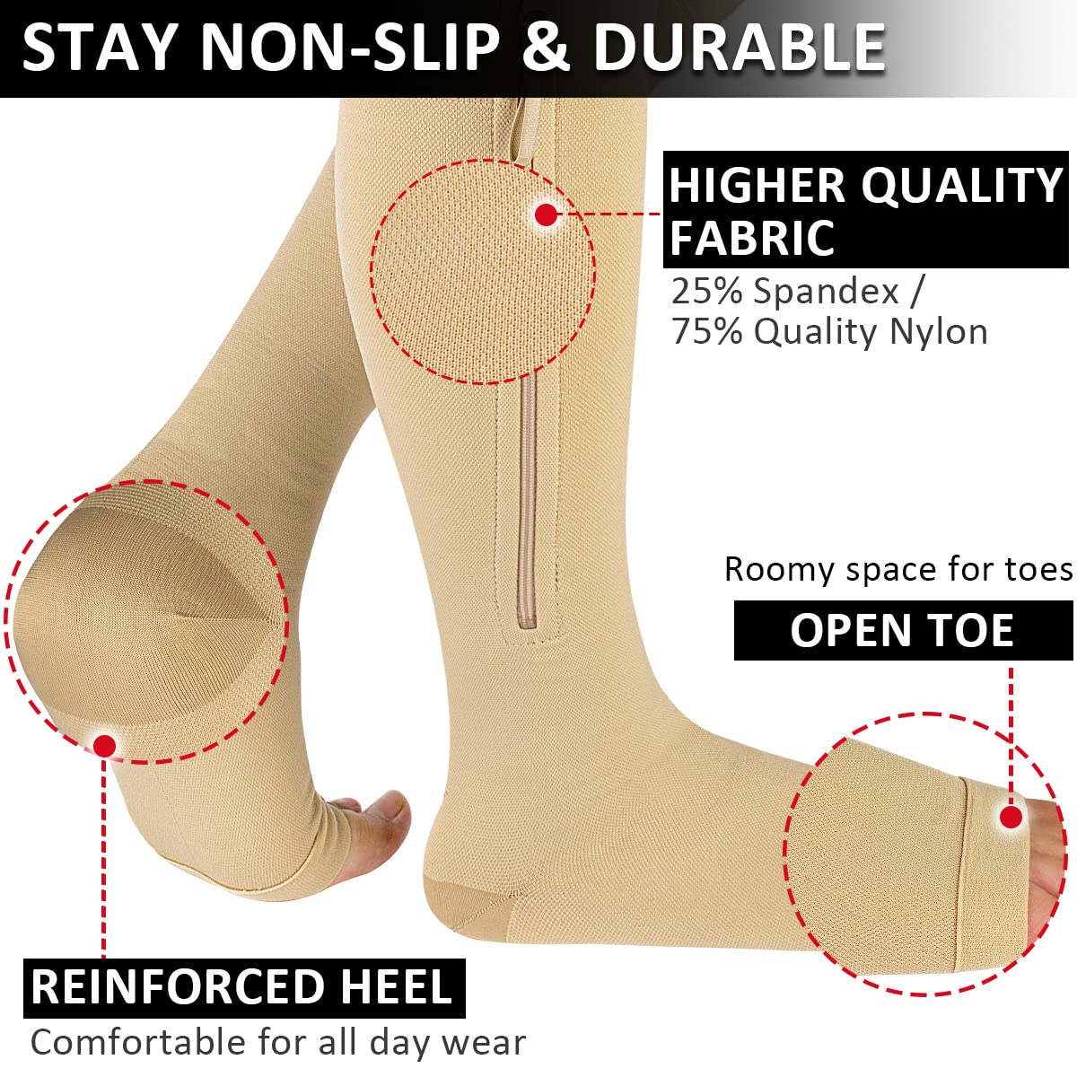 Ailaka Medical Compression Socks with Zipper - 15-20 mmHg Knee High Support Socks for Women & Men - Open Toe for Varicose Veins, Edema, Pregnancy & Nurse Recovery - Ideal for Hospital Work, Travel & Post-Surgery Comfort
