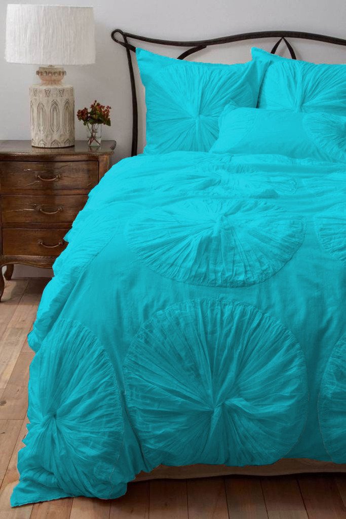 Scala Bedding 5-Piece Floral Ruffle Duvet Cover Set - 300 Thread Count Egyptian Cotton Full/Queen Size in Turquoise | Includes Extra Pillow Shams | Perfect for Master Bedroom, Guest Room & Boho Chic Decor