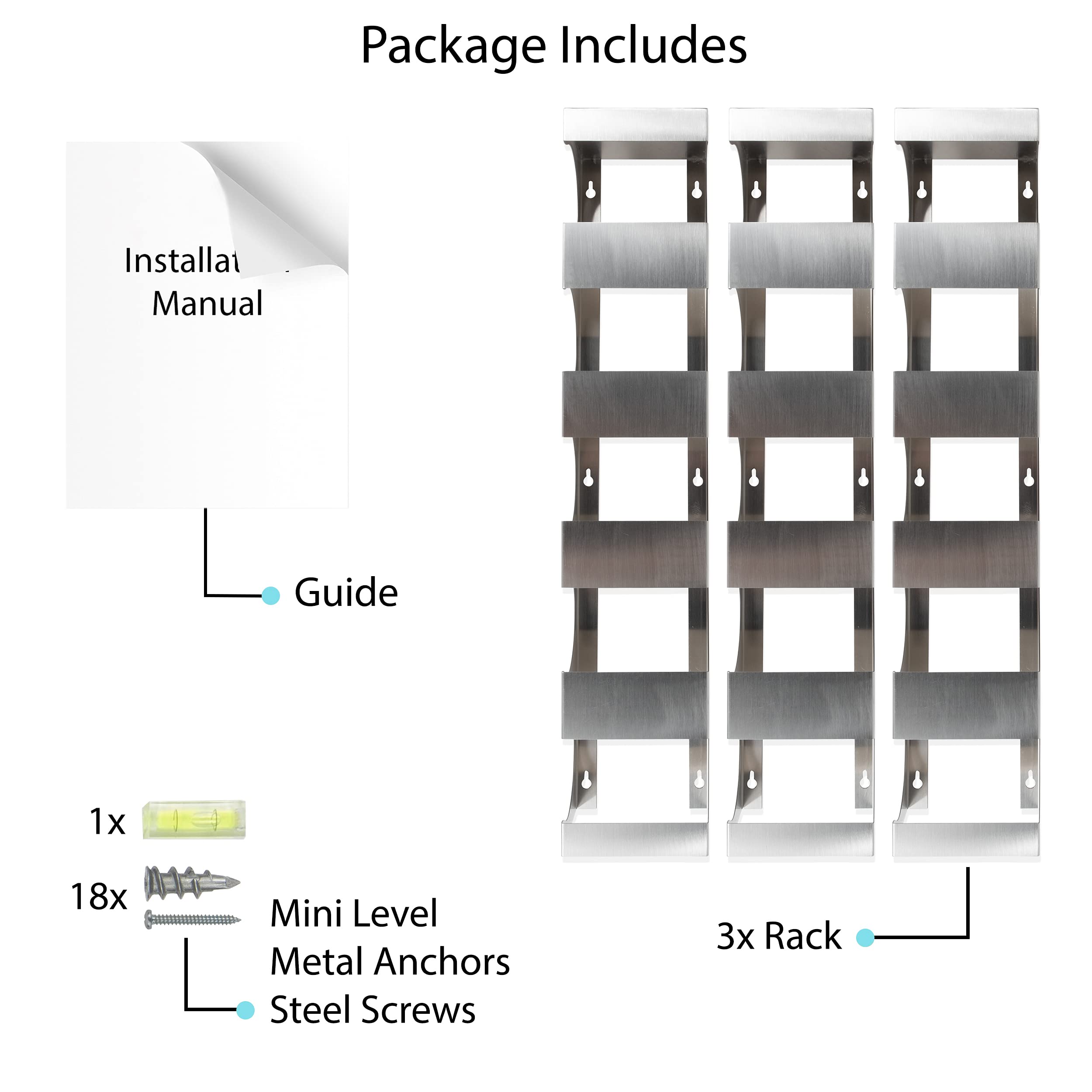 BrightMaison Alex Wall Mounted Wine Rack - Holds 15 Bottles, Stainless Steel Kitchen Organizer (Set of 3) - Perfect for Home Bars, Restaurants & Wine Cellars