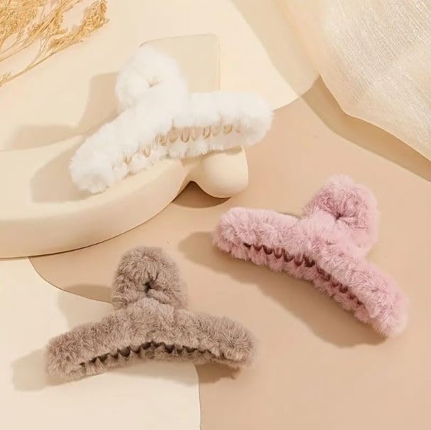 Elegant Faux Fur Plush Hair Claw Clips - 4 Pack Acrylic Women's Hair Accessories for Ponytails, Buns & Everyday Styling