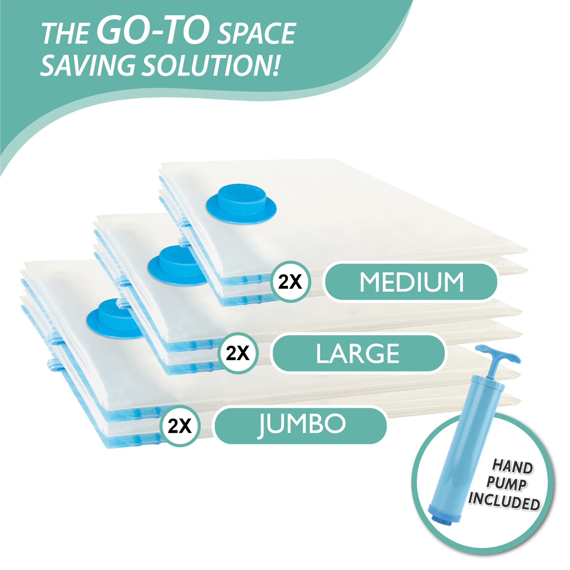 6 Pack Vacuum Storage Bags with Hand Pump - Space Saving Compression Bags (2 Jumbo/2 Large/2 Medium) for Comforters, Blankets & Clothes Storage | Ideal for Travel, Seasonal Organizing & Home Decluttering