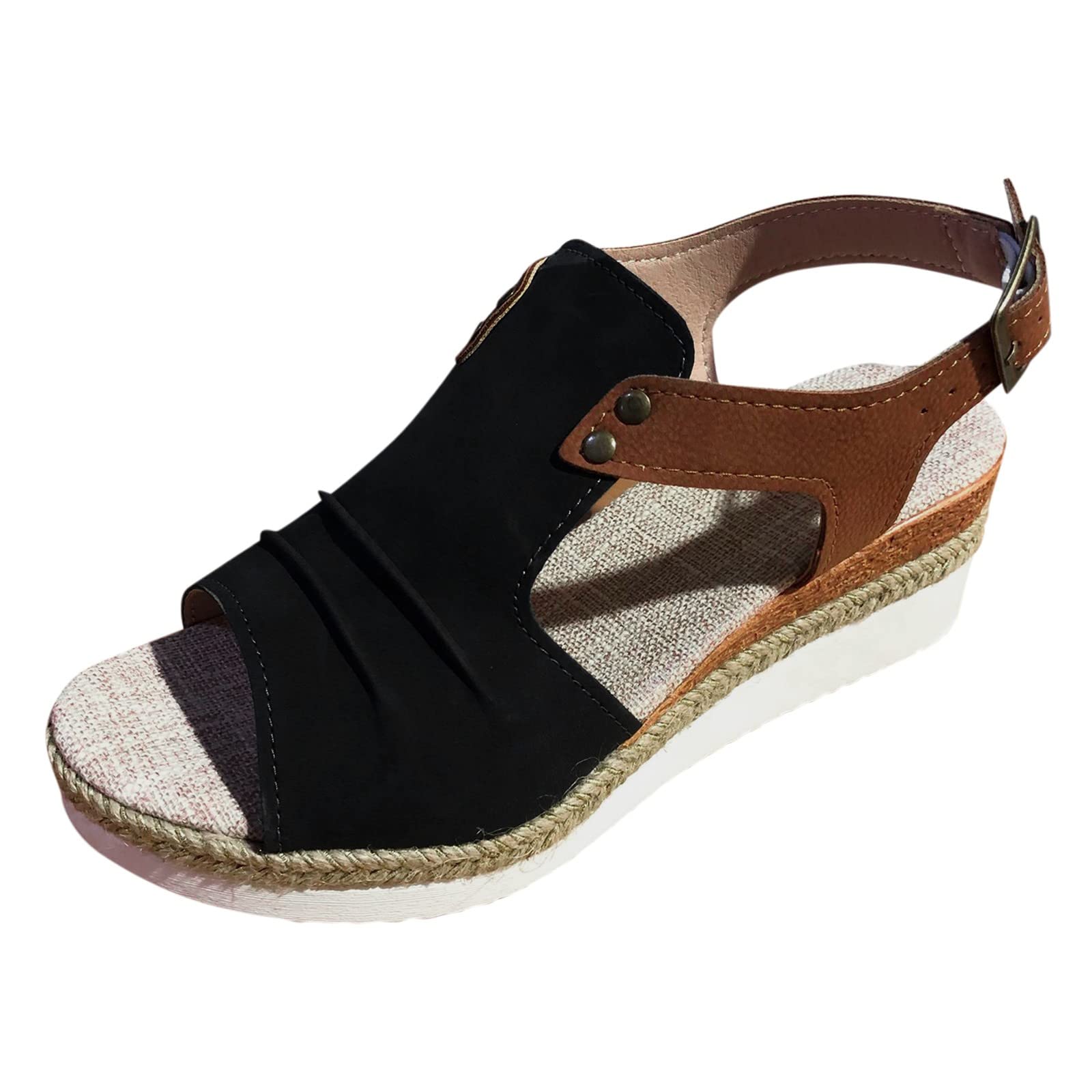 EMRELOD Women's Comfortable Orthopedic Wedge Sandals - Platform Espadrille with Ankle Strap, Low Heel Fashion Beach Shoes (Black, Size 7) | Perfect for Summer Outfits, Casual Wear & Vacation