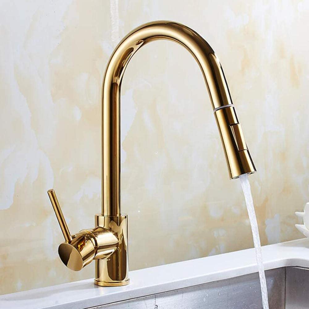 Gold Pull Down Kitchen Faucet with Sprayer - 360° Rotating Brass Single Hole Faucet for Hot & Cold Water - Perfect for Modern Kitchens & Food Prep Areas
