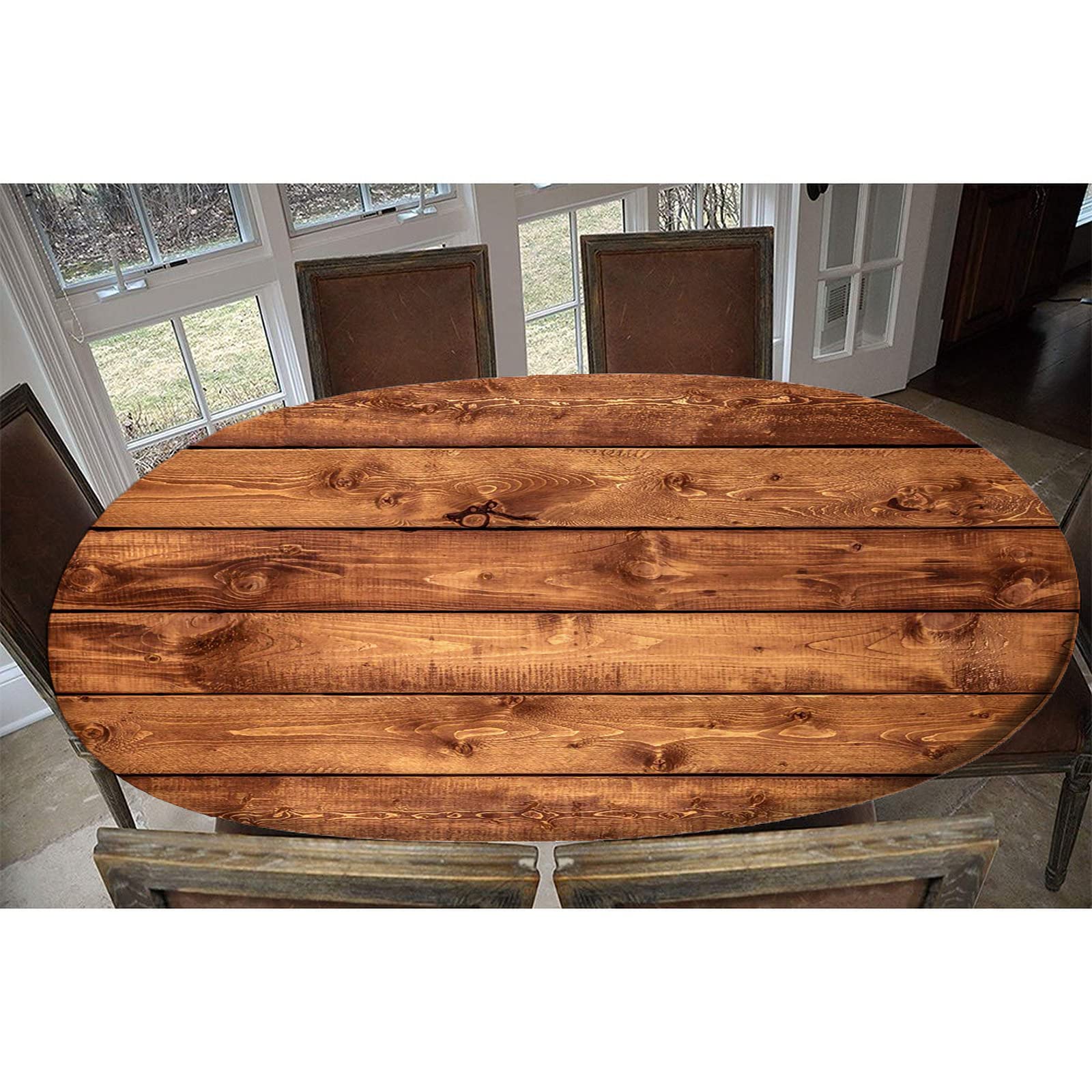 Farmhouse Style Wood Grain Elastic Edge Table Cover - Fitted Oval Tablecloth for Outdoor Picnic, Patio Party & Indoor Dining - Fits Tables Up to 42