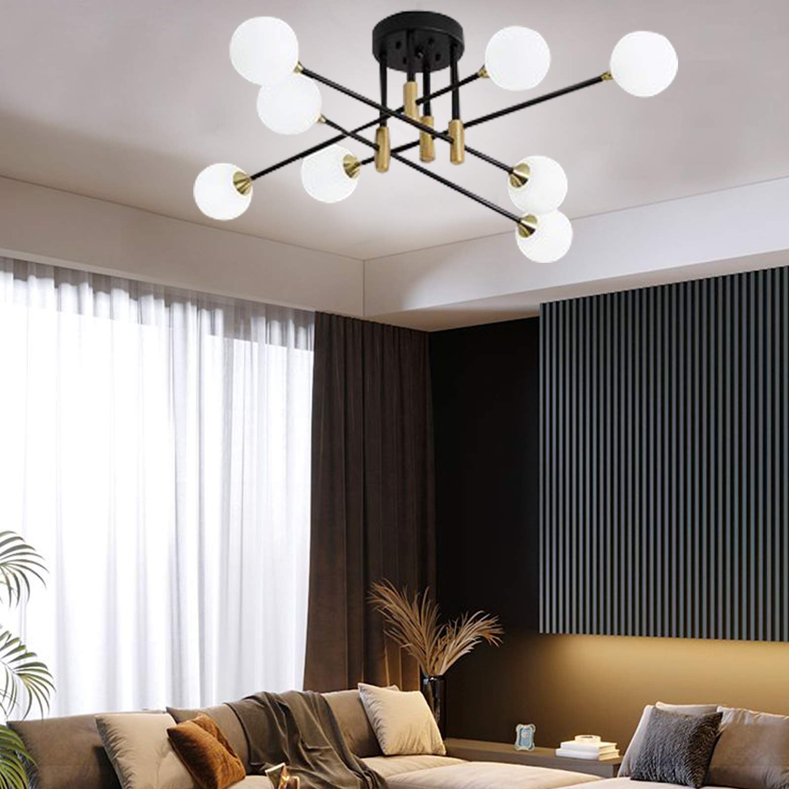 TFCFL 8-Light Sputnik Chandelier - Modern Black Pendant Lighting Fixture with White Glass Globes, Mid-Century Inspired Ceiling Light for Bedroom, Living Room, Dining Room | Perfect for Vintage & Contemporary Home Decor