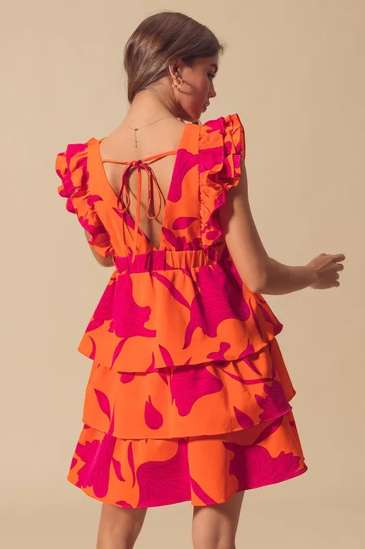 Stylish Orange Layered Resort Dress with Elastic Waist - Perfect for Beach Vacations, Summer Parties & Tropical Getaways