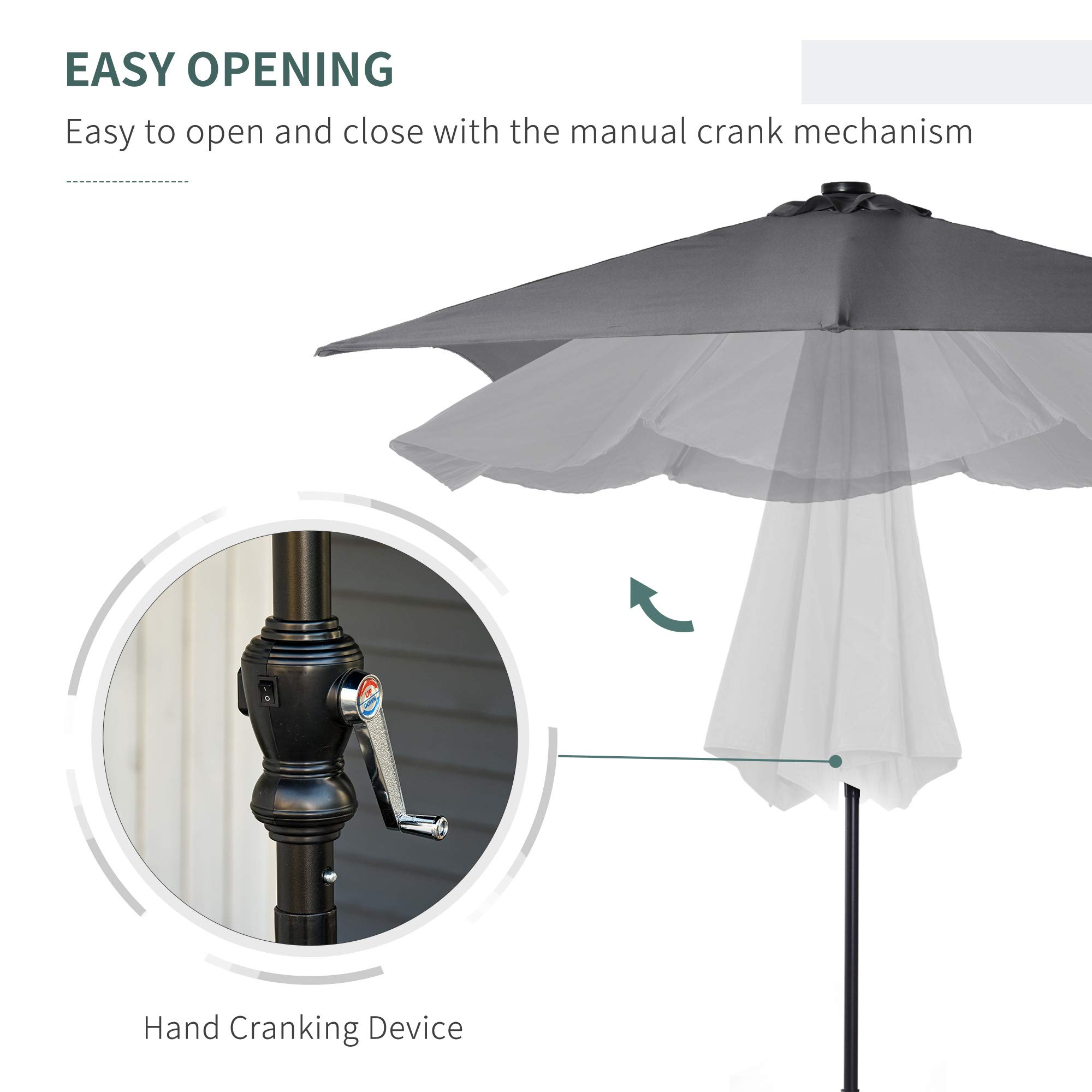 Outsunny 9' x 7' Solar LED Patio Umbrella with Tilt & Crank - Waterproof Outdoor Market Umbrella for Garden, Deck, Backyard, Pool, Beach - Perfect for Dining, Lounging, and Outdoor Entertaining