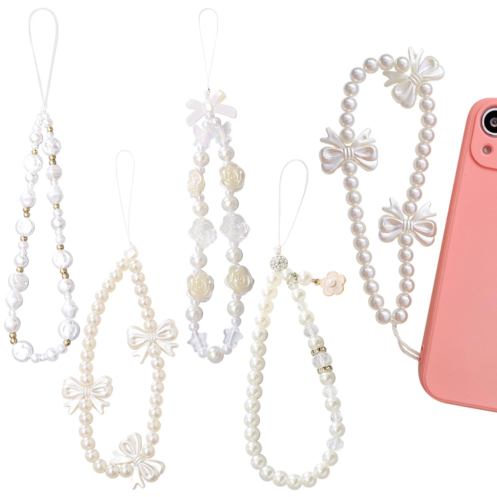 DKDDSSS 4-Pack White Pearl Phone Strap - Stylish Beaded Phone Chain Jewelry for Women & Girls, Durable Plastic Phone Accessories for Everyday Use, Party, and Gift Giving