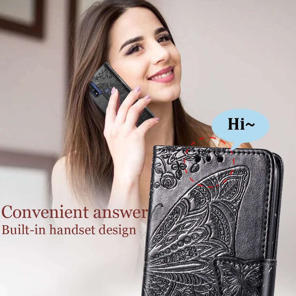 Motorola Moto G Pure Phone Case Wallet - Butterfly Embossed PU Leather Protective Cover with Card Holder Slots, Kickstand & Wrist Strap | Stylish Flip Case for Women | Perfect for Everyday Use, Travel & Work (Black)