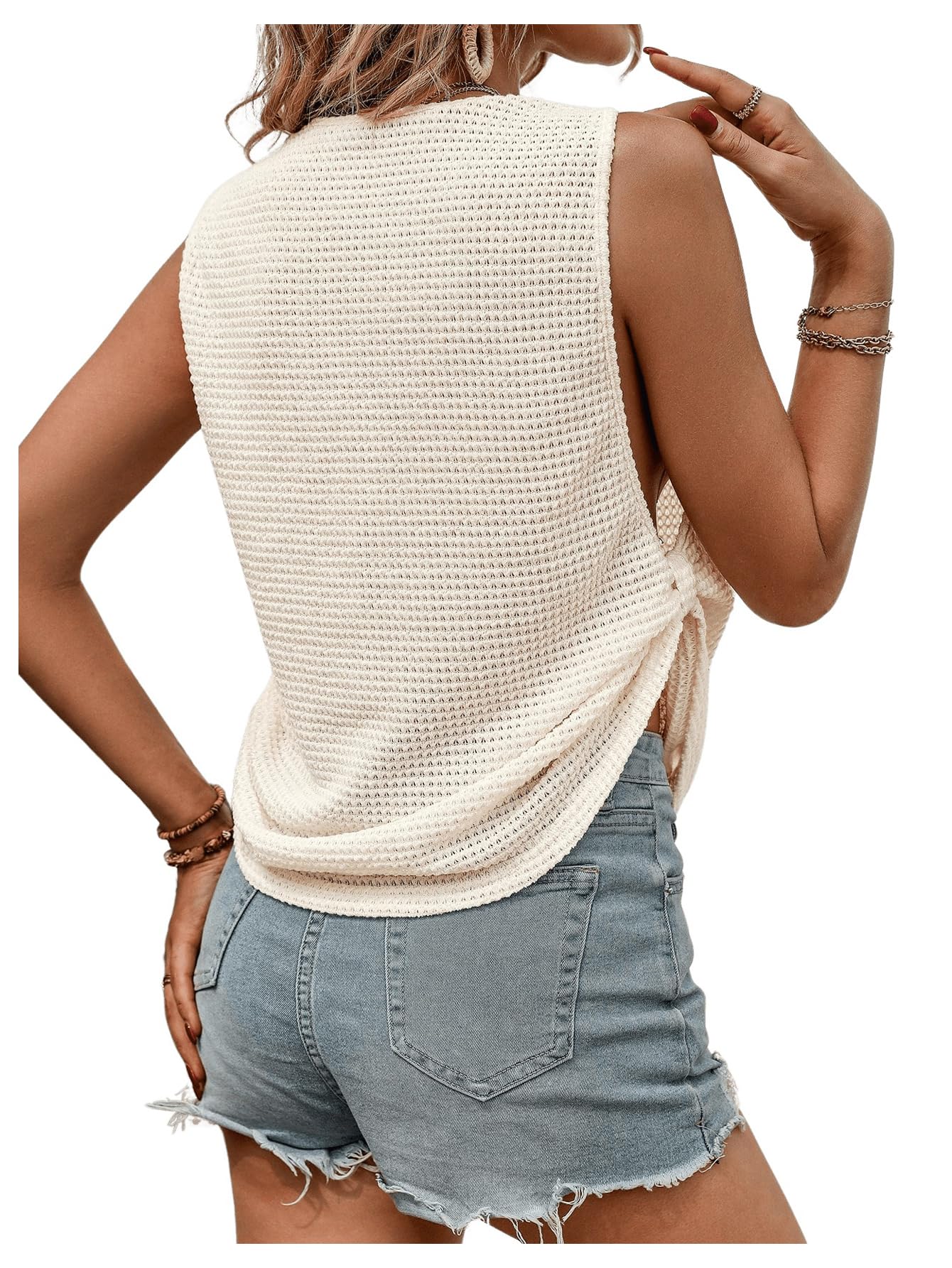 SOLY HUX Women's Waffle Knit Tank Top - Side Knot Vest, Round Neck Sleeveless Summer Tops for Women | Casual Beachwear, Vacation Outfits & Summer Fashion