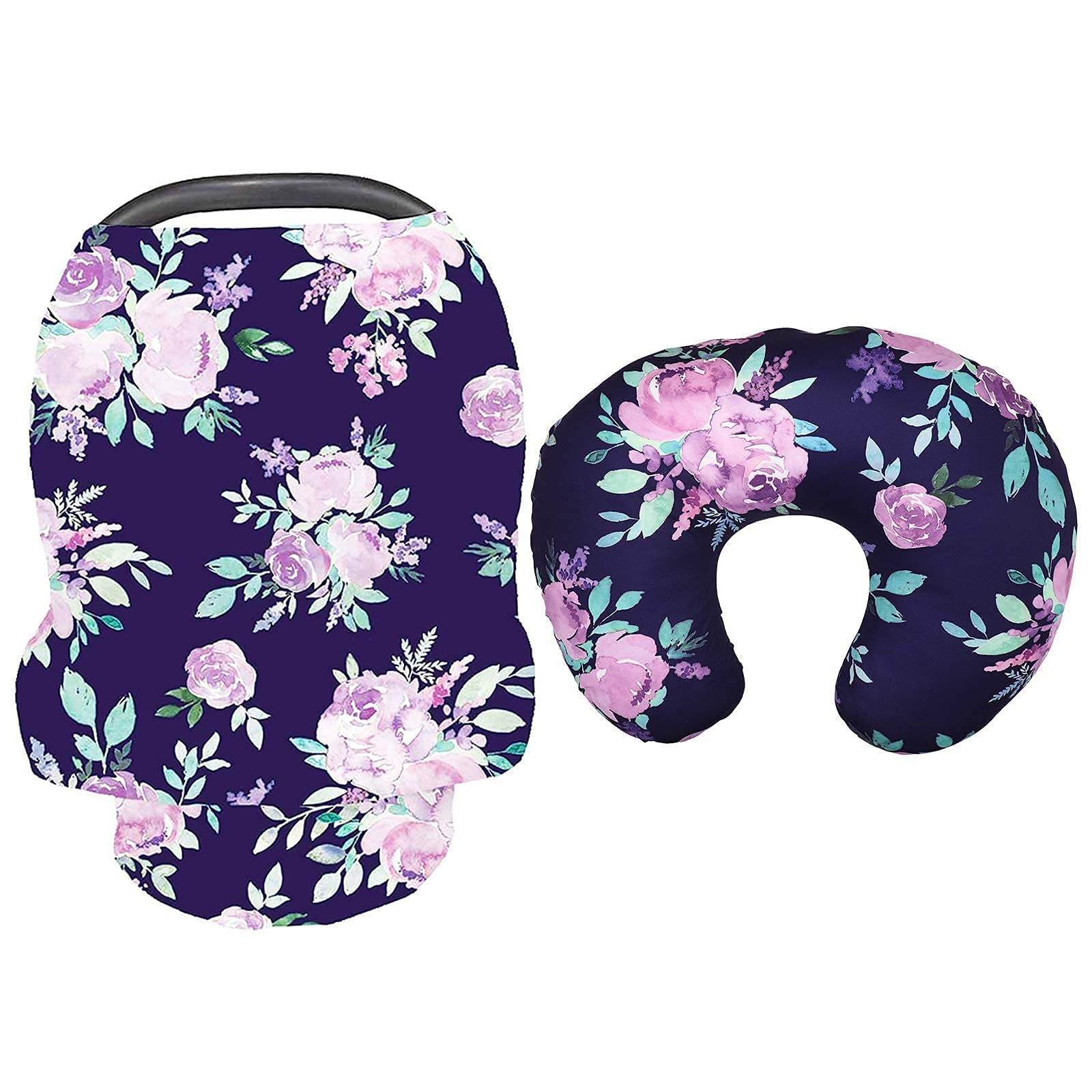 Purple Floral Nursing Pillow Cover & Car Seat Cover Set - Soft Baby Boy & Girl Breastfeeding Pillow Slipcover with Stroller Canopy - Newborn Nursing Essentials for Comfortable Feeding & Travel Protection (Perfect for Home, Car & On-the-Go Parenting)