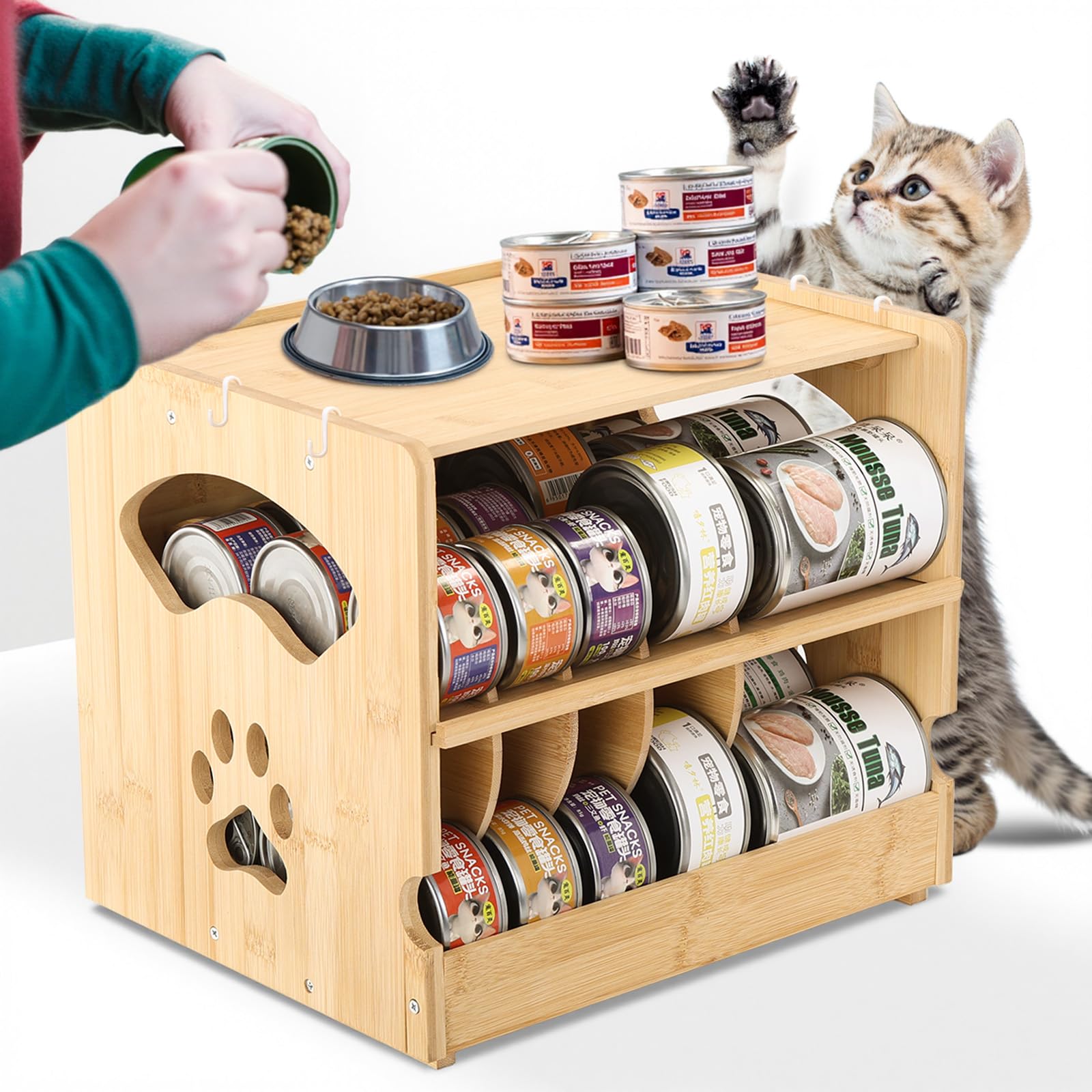 Premium Bamboo Cat Food Can Organizer - 2-Tier Stackable Wet Cat Food Storage Rack with FIFO System & 4 Hooks, Holds 42 (3oz) Cans - Space-Saving Pet Food Dispenser for Pantry & Kitchen Organization