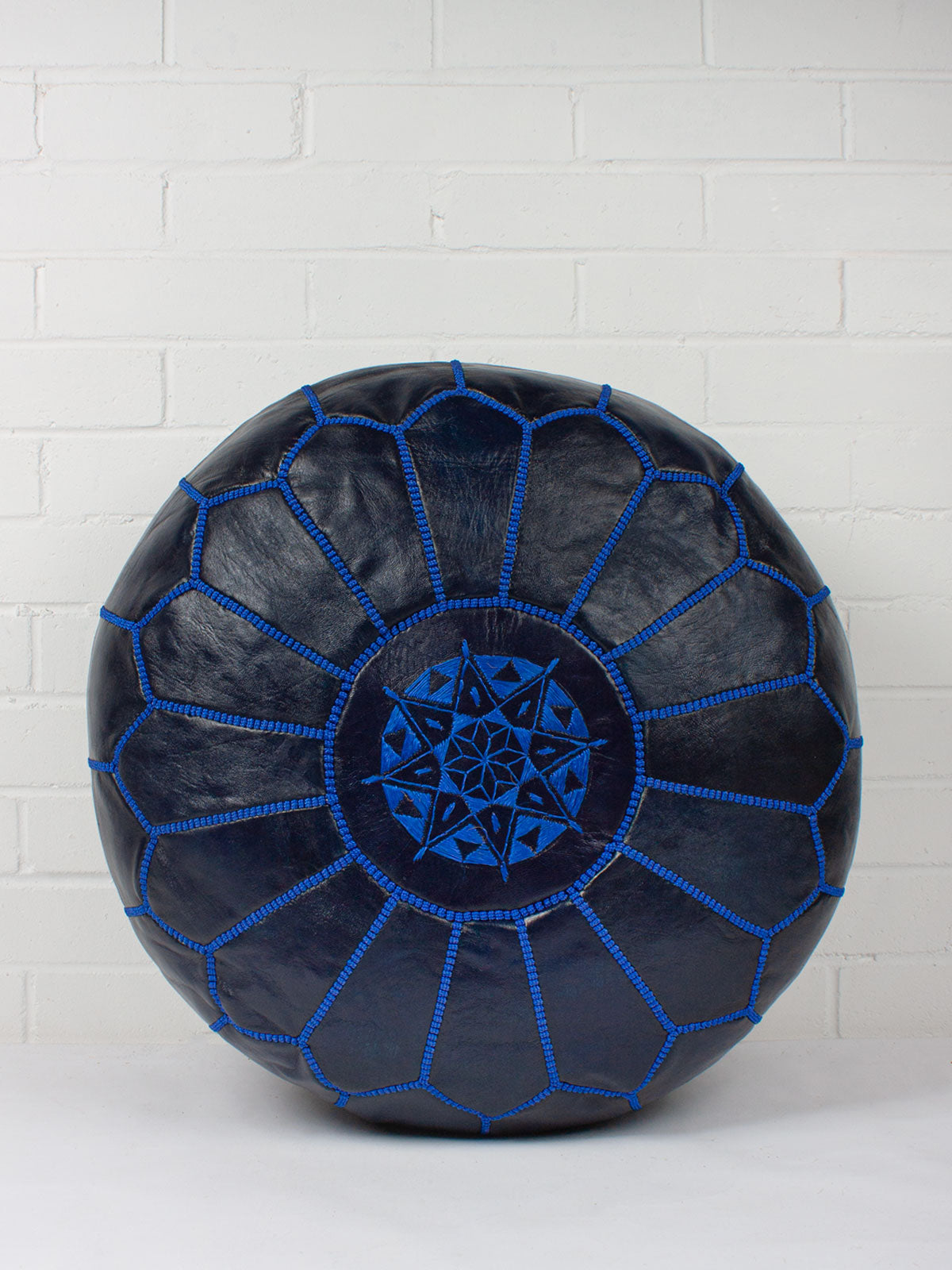 Handmade Moroccan Leather Pouffe Ottoman - Indigo Blue Boho Style Footstool for Living Room, Bedroom & Lounge Decor