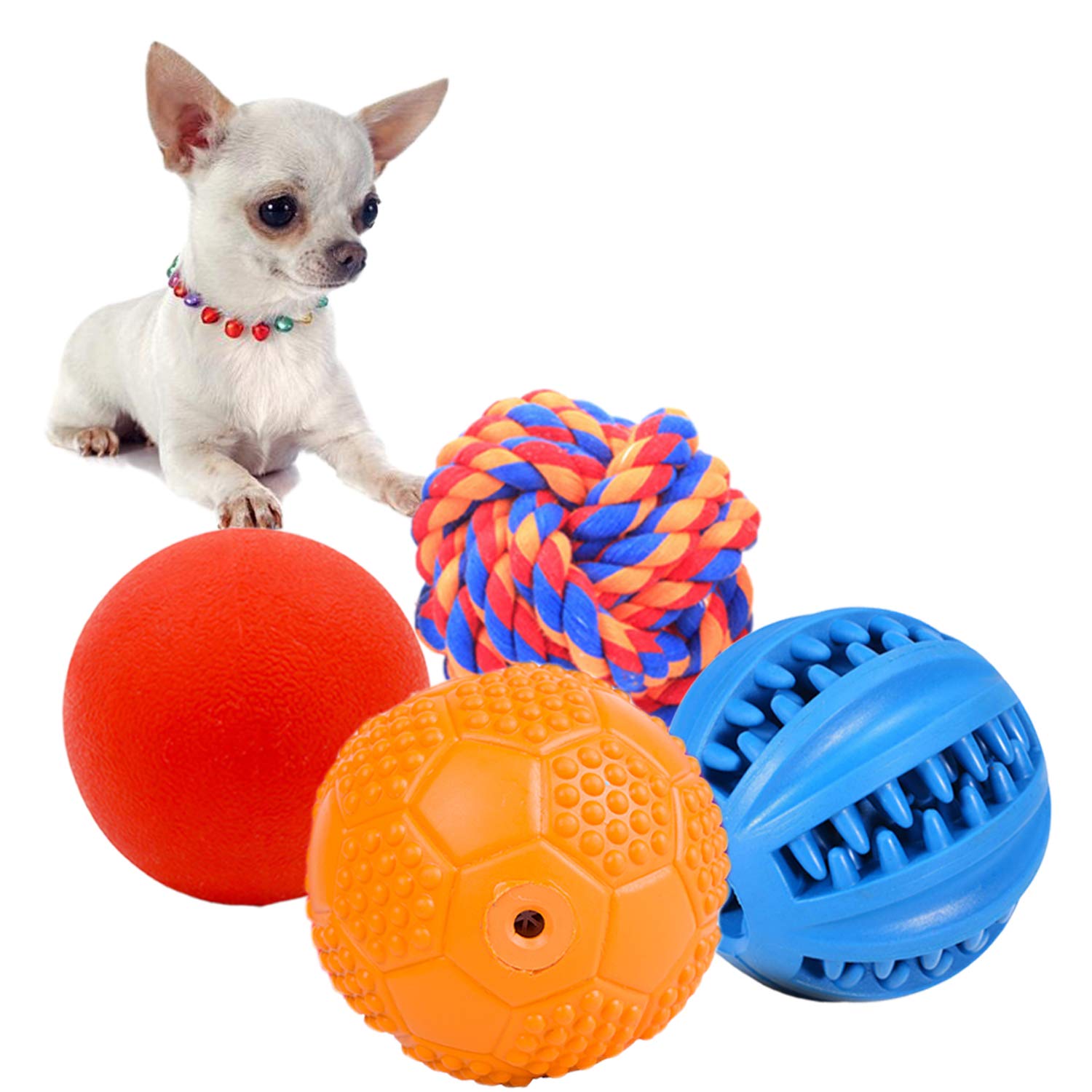 4 Pack Puppy Chew Toys - Teething Ball, Squeaky Rubber Balls for Small Dogs, Interactive Dog Enrichment Toys for Chewing & Play | Perfect for Puppy Training, Indoor Play & Outdoor Fetch Games