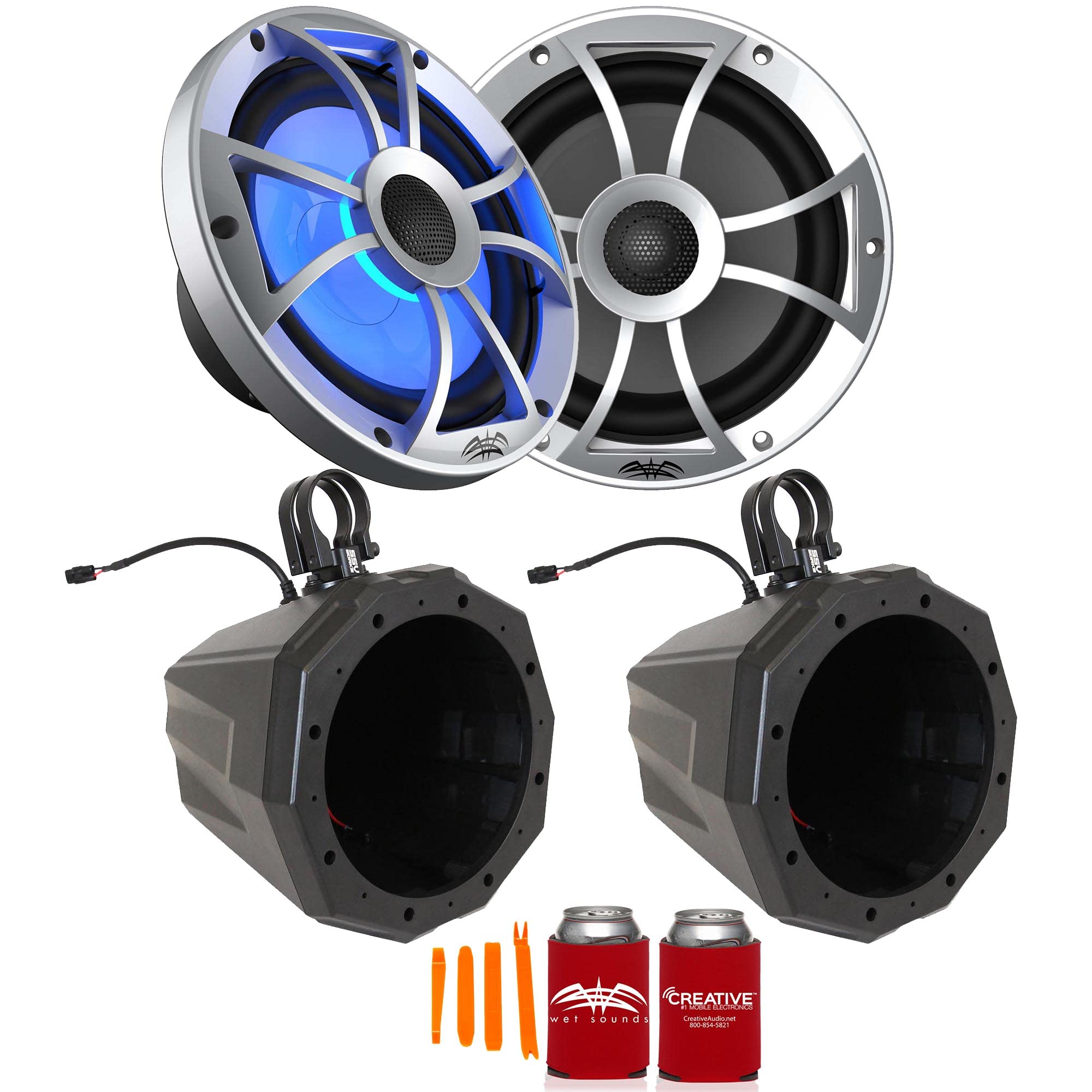 Wet Sounds Recon8-S RGB 8-Inch Marine Speakers with Silver Grill & US2-C8 Universal Cage Mount Pods, 1.50