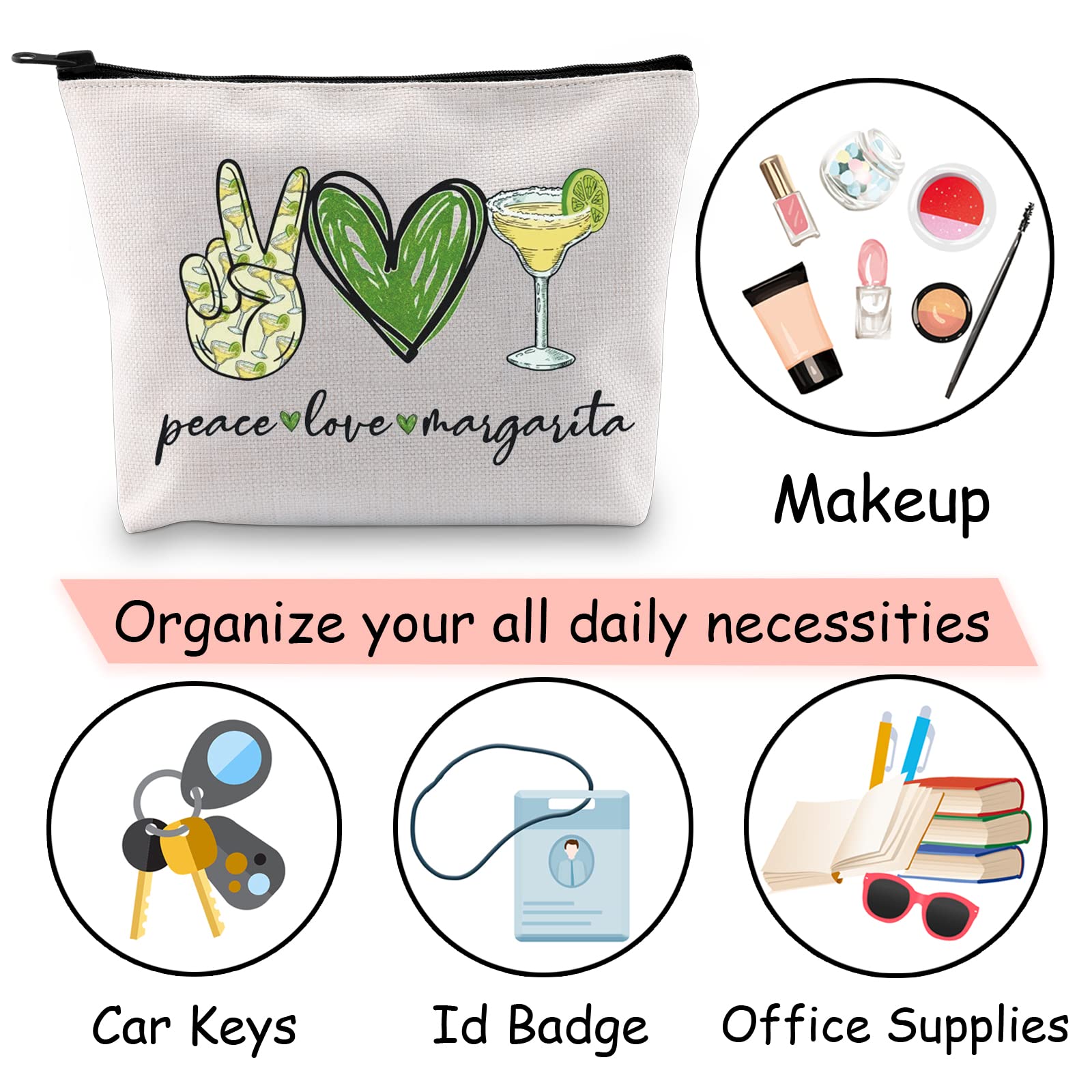 JXGZSO Bartender Gift Set - Peace Love Margarita Themed Cosmetic Bag with Zipper | Perfect Makeup Pouch for Margarita Lovers | Ideal for Cocktail Parties, Beach Trips & Gift Giving