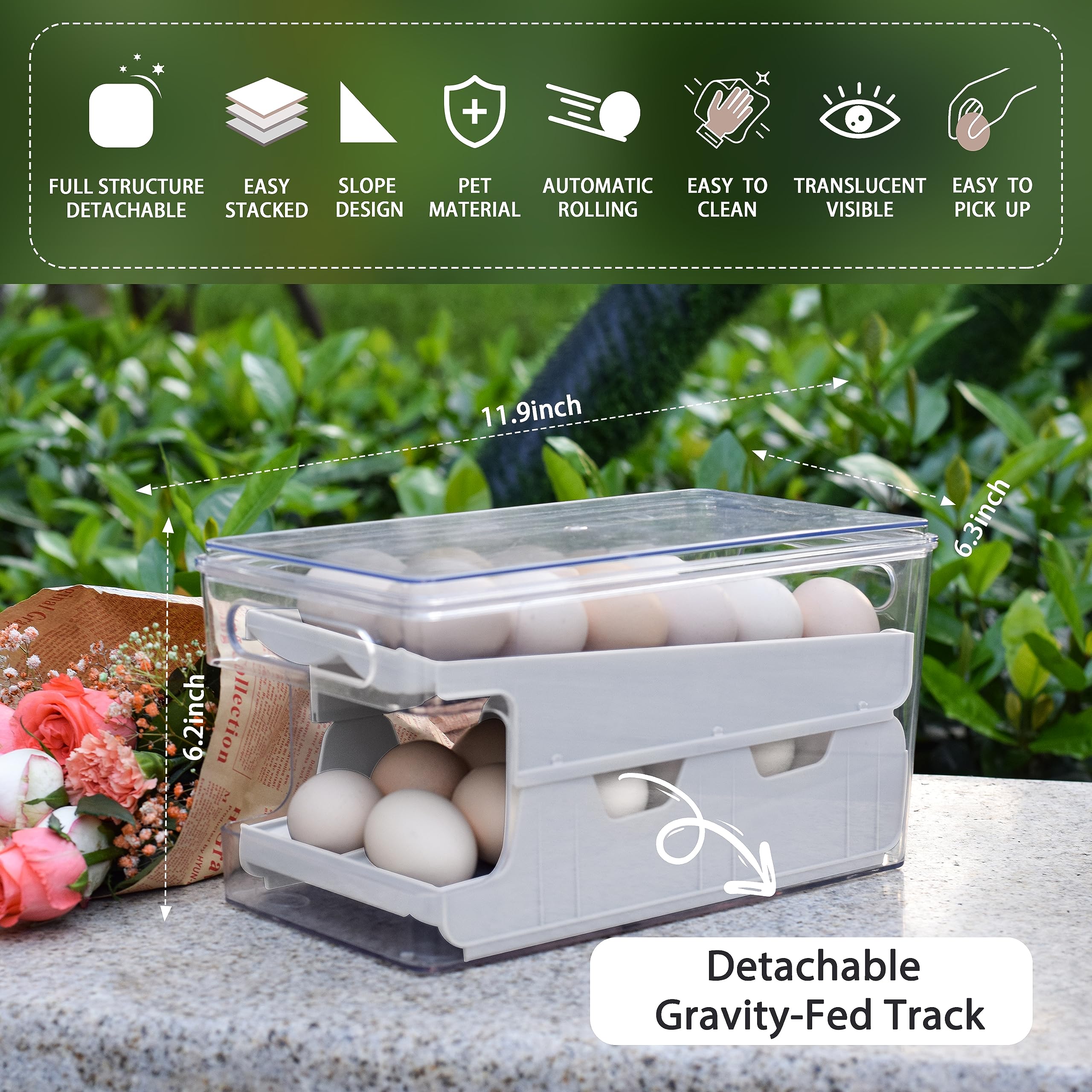 24-Count Automatic Rolling Egg Dispenser for Refrigerator - White Fridge Egg Storage Container Organizer | Perfect for Kitchen Pantry Organization & Fresh Egg Rotation System