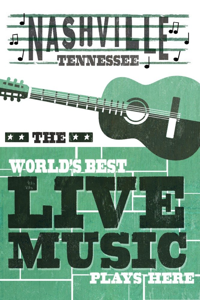 Nashville Tennessee Guitar Wall Art - 24x36 Teal Screenprint Metal Sign, Aluminum Decor for Home, Office & Music Studio