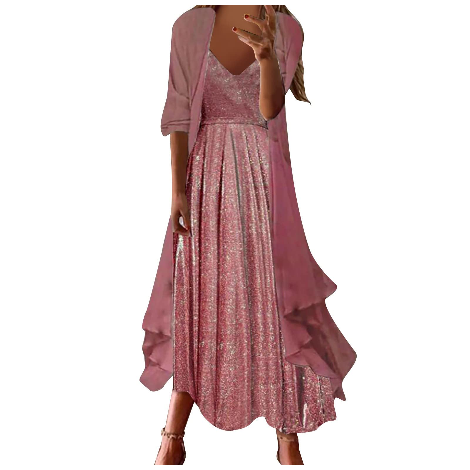 Women's Summer Dresses Flowy Floral Print Two Piece Set - Chiffon Plus Size V-Neck Sleeveless Dress for Wedding Guest, Beach Party & Vacation
