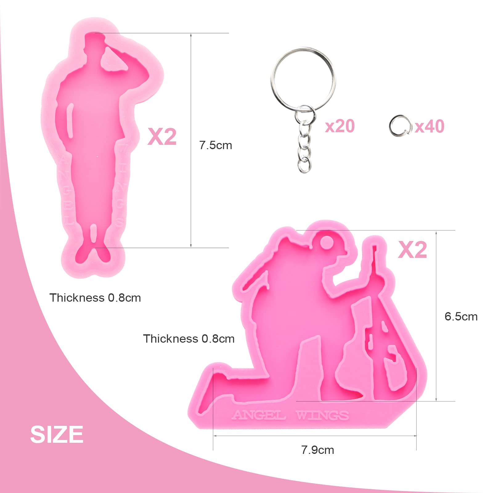 64Pcs Silicone Resin Molds Kit for DIY Crafts - 4 Shiny Soldier Shape Epoxy Casting Molds, Keychain Molds, Jump Rings - Perfect for Making Unique Backpack Charms, Jewelry Pendants & Polymer Clay Creations | Great for Gift Making, Home Decor & Craft Projects