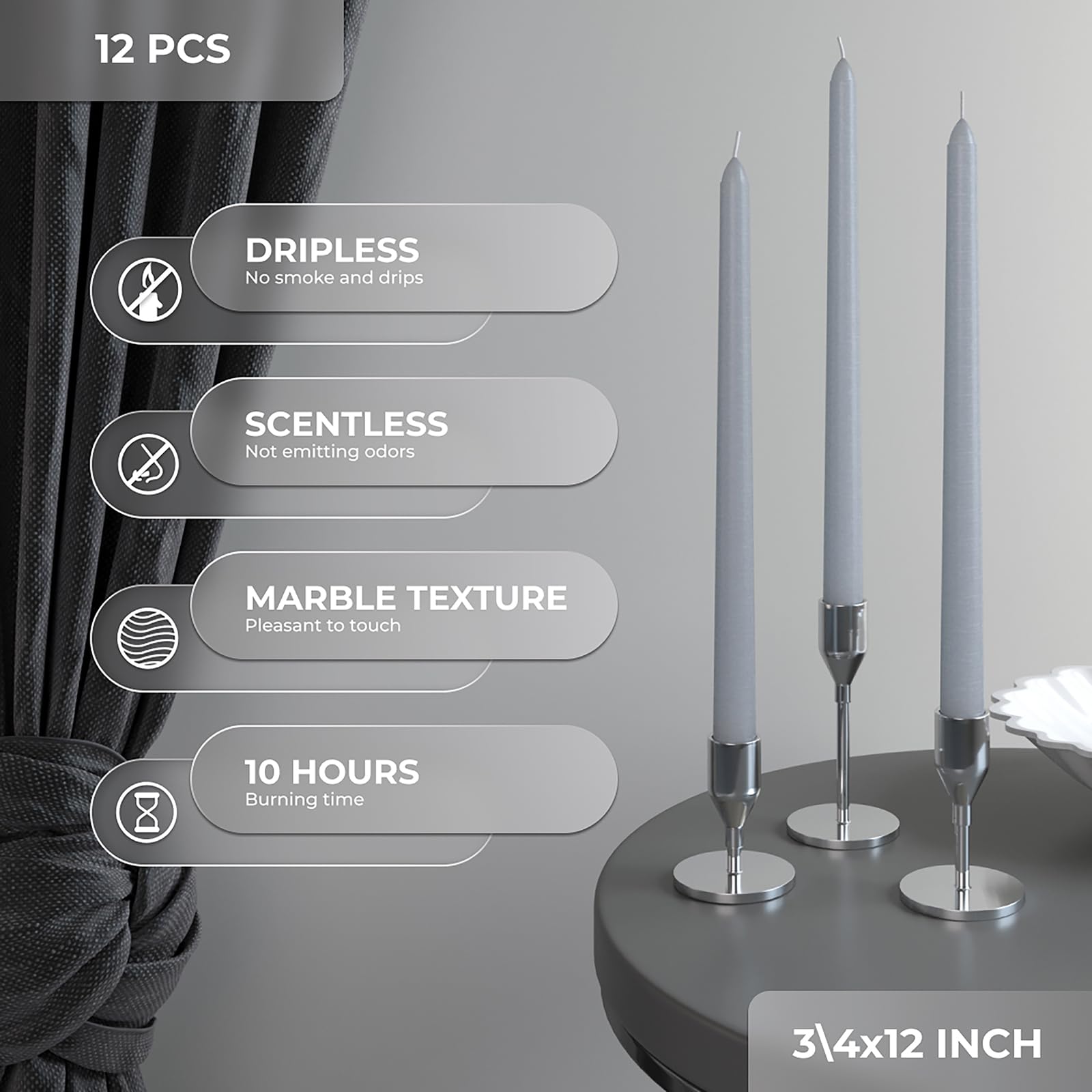 CANDWAX 12 Inch Unscented Taper Candles - Set of 12 Dripless Smokeless Slow Burning Candlesticks in Light Gray for Dining Table, Wedding Decor & Romantic Ambiance