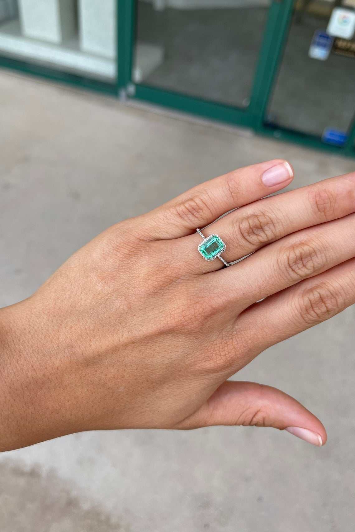 1.58tcw Bluish Green Emerald & Diamond Halo Pave Engagement Ring in 14K Gold - Perfect for Proposals, Anniversaries & Bridal Jewelry