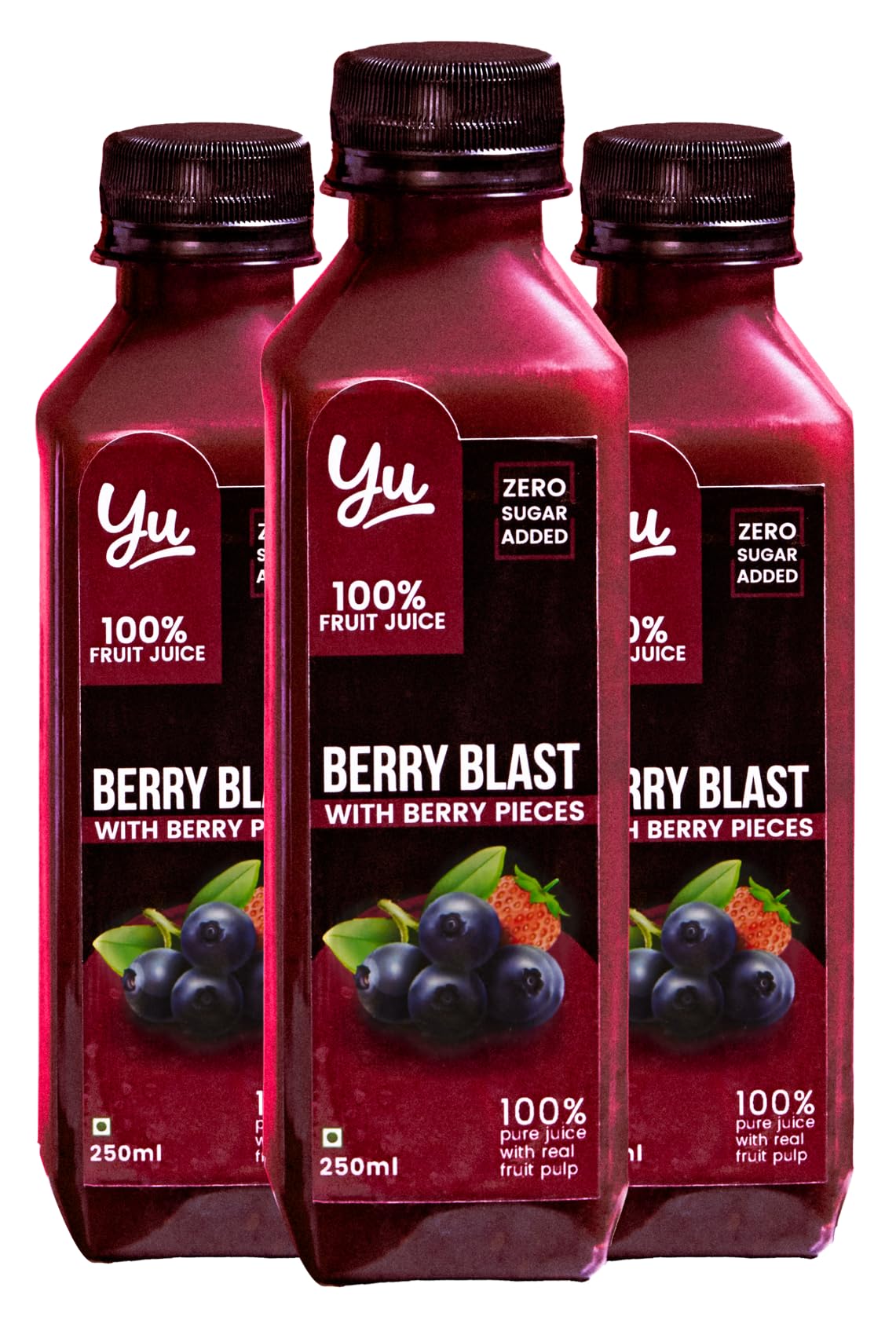 Yu Foodlabs 100% Natural Berry Blast Juice with Blueberry Pieces - No Added Sugar, Zero Preservatives - Healthy Beverage for Kids & Adults - Pack of 3 (750ml Total) - Perfect for Breakfast, Lunch Boxes & On-the-Go Hydration