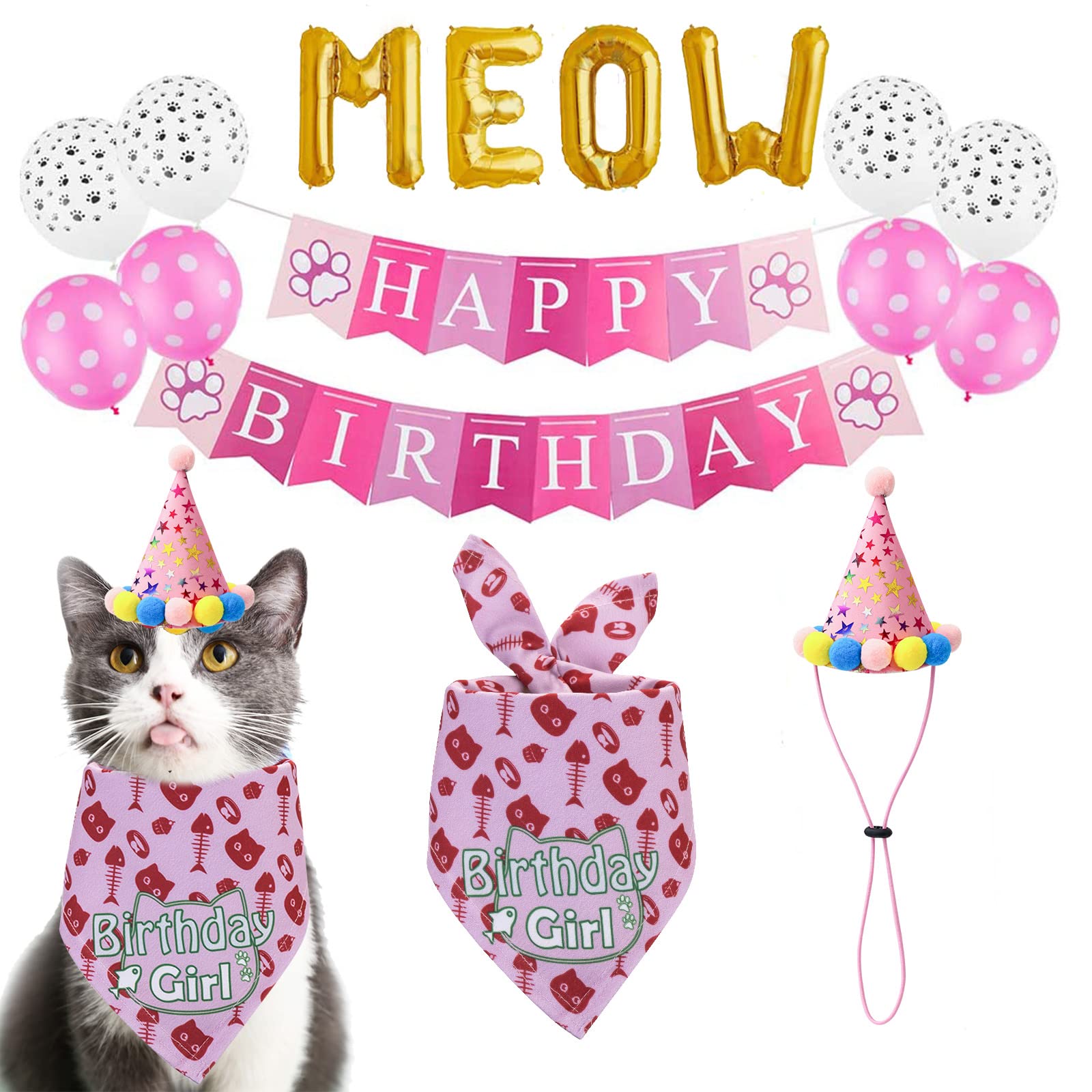 TCBOYING Cat Birthday Bandana & Hat Scarf - Cute Pet Birthday Party Decorations for Cats & Dogs - Perfect for Birthday Celebrations, Photo Shoots & Special Occasions