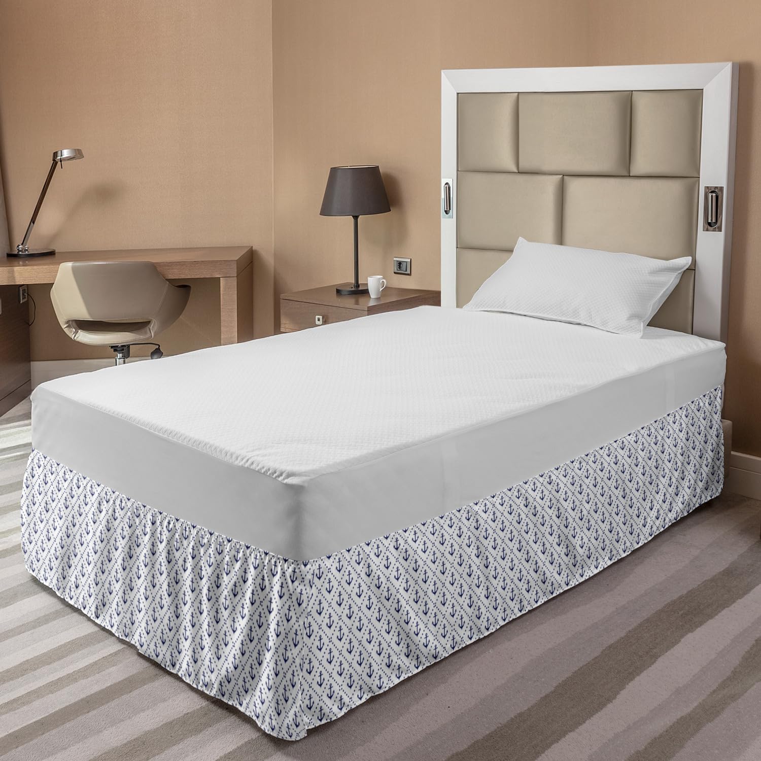 Ambesonne Nautical Bed Skirt with Anchor & Diamond Dot Pattern - Navy Blue Elastic Wrap Around Dust Ruffle for Queen/Full Size Beds | Perfect for Coastal, Marine & Sailing Themed Bedroom Decor