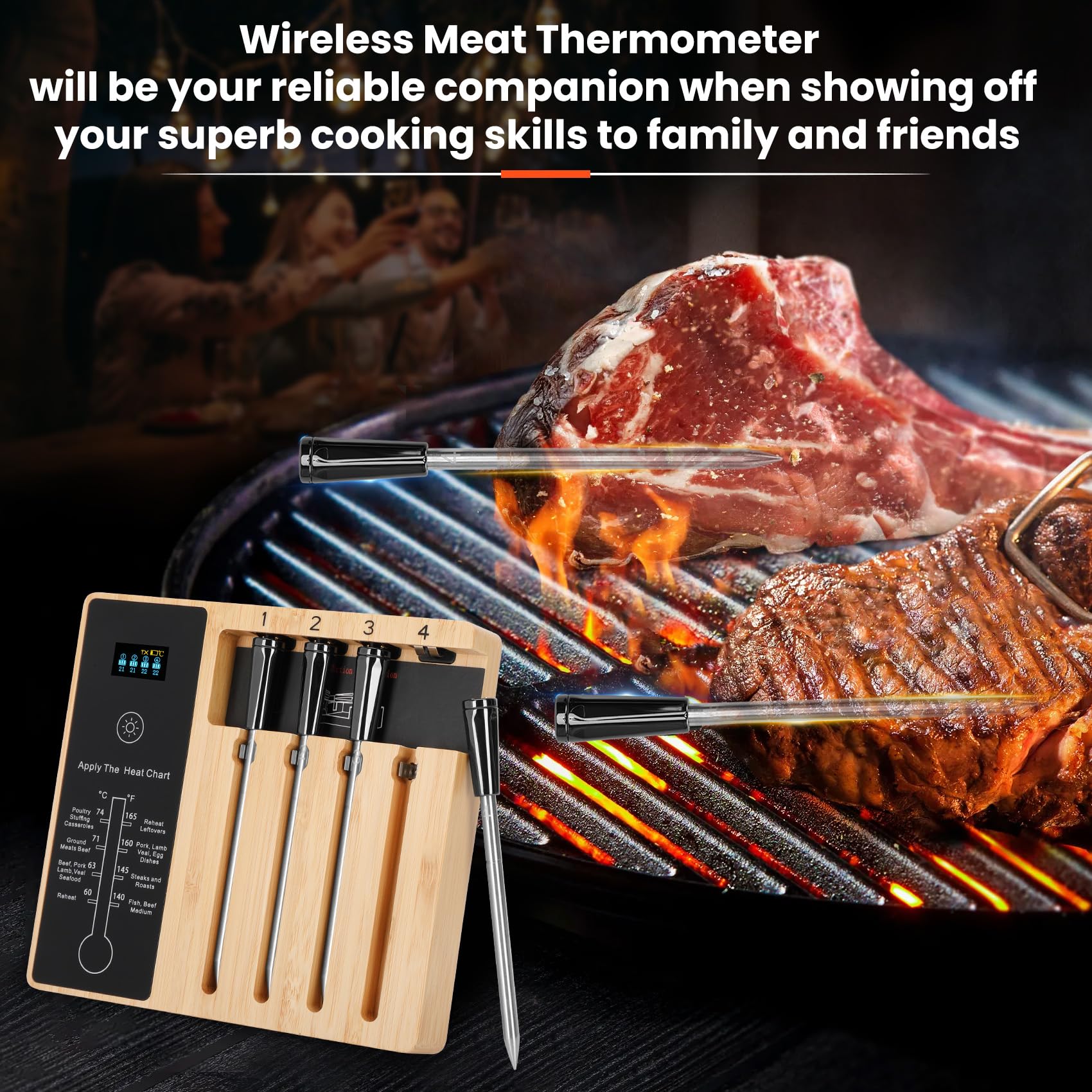 **Wireless Meat Thermometer for Grilling - 4 Probes, 500ft Remote Range, 16-Hour Battery Life, iOS/Android Compatible - Perfect for BBQ, Smoking, and Outdoor Cooking**