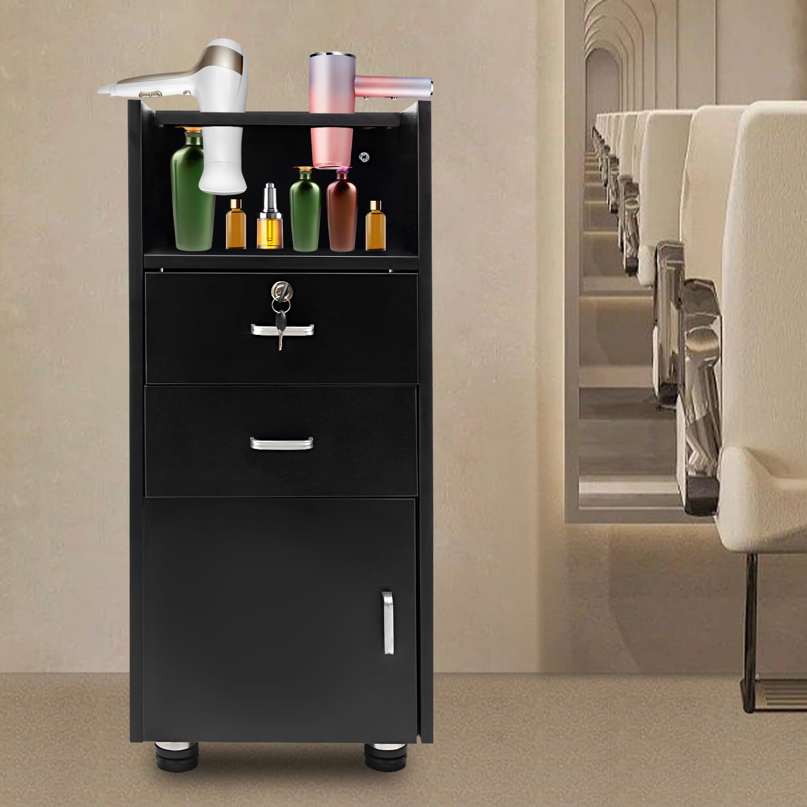 5-Tier Barber Station Storage Cabinet with 2 Drawers & Hair Dryer Holders - Professional Salon Hair Stylist Utility Organizer for Tools & Accessories - Perfect for Home & Commercial Barber Shops, Black