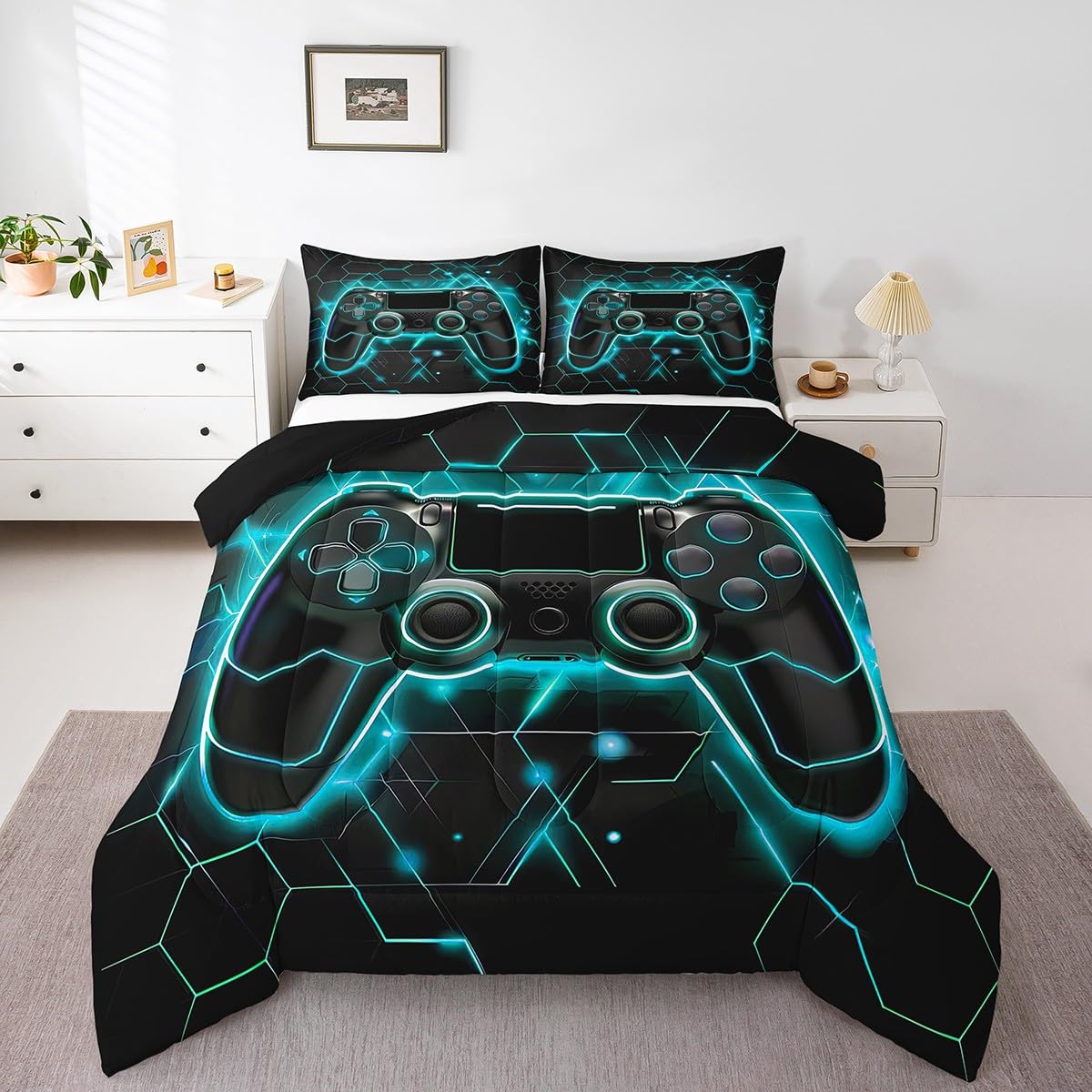Erosebridal Honeycomb Twin Bedding Set - Neon Gaming Comforter for Boys & Kids, Teal Blue Gamer Bedding for Toddler Room Decor | Perfect for Gaming Themed Bedrooms & Sleepovers