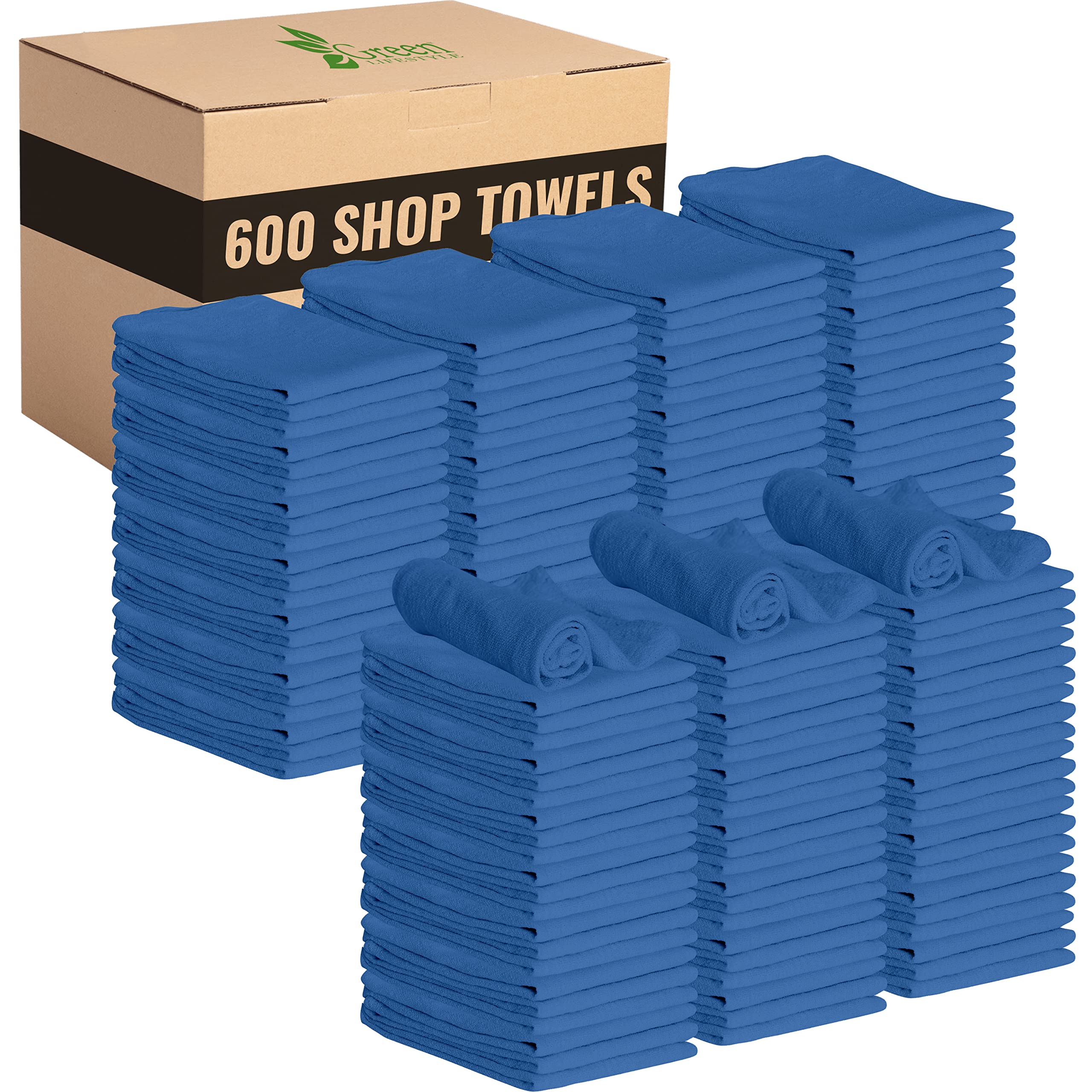 GREEN LIFESTYLE Blue Shop Towels 12x14, 600 Pack - 100% Cotton Super Absorbent & Durable Reusable Cleaning Rags - Bulk Industrial Towels for Automotive, Garage, Workshop & Home Use - Perfect for Oil Spills, Car Detailing & Heavy Duty Cleaning