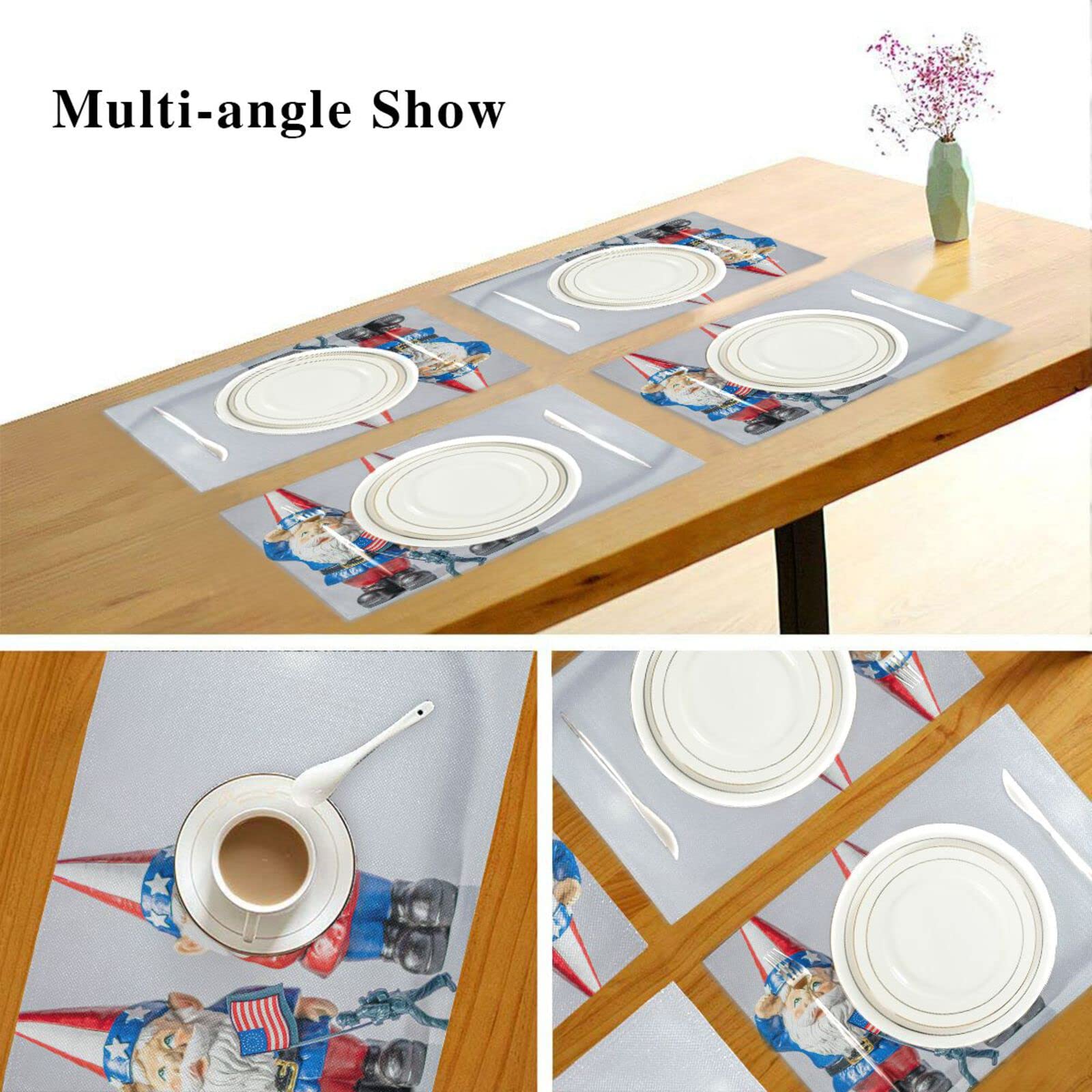 Patriotic Gnomes Salute Placemats Set of 4 - Washable & Heat Resistant 12x18 Inch Kitchen Table Mats for 4th of July, Memorial Day, Independence Day Decor - Perfect for Outdoor Picnics, BBQ Parties & Holiday Dining