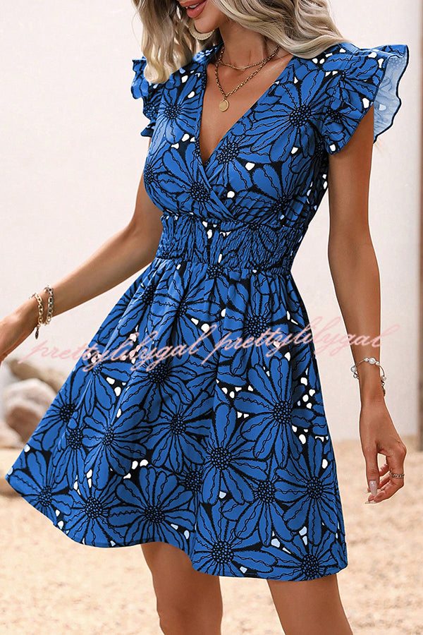 Floral Print Ruffle Sleeve Mini Dress with Elastic Waist - Perfect for Weekend Outings, Brunch Dates & Summer Vacations