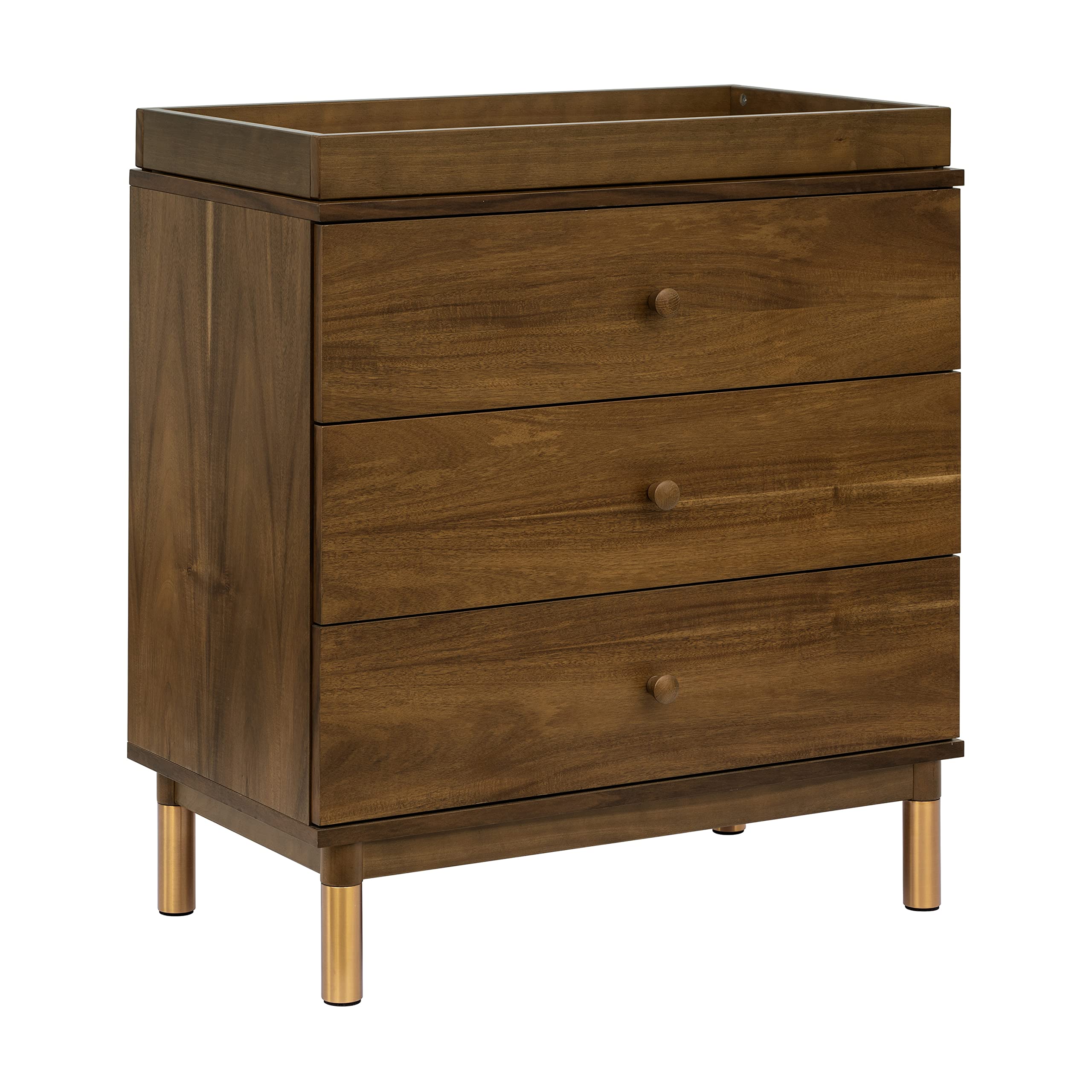 Babyletto Gelato 3-Drawer Changing Table Dresser with Removable Changing Tray - Natural Walnut Finish & Brushed Gold Legs, Greenguard Gold Certified - Perfect Nursery Furniture for Diaper Changes & Baby Storage