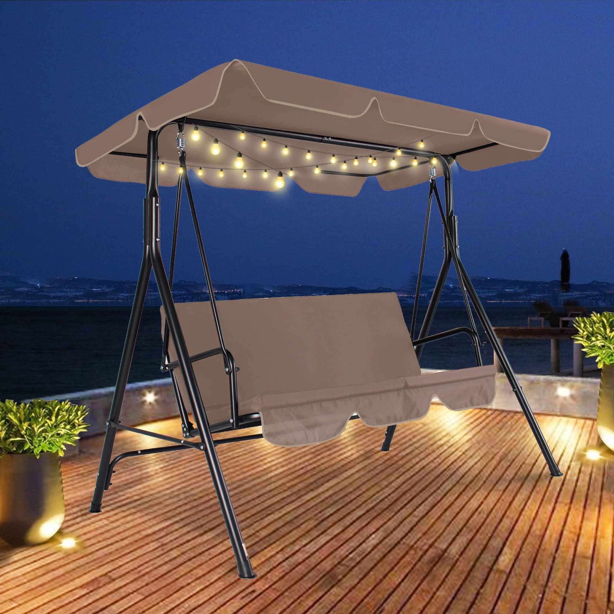 3-Seats Outdoor Patio Swing Chair with Adjustable Canopy & Sturdy Steel Frame - Heavy Duty Porch Swing for Adults, Removable Cushion - Perfect for Garden, Backyard, Balcony & Deck Relaxation (Brown)