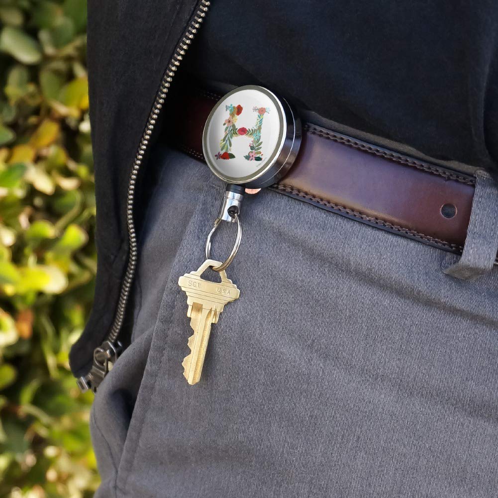 Floral Monogram Letter H Metal Retractable ID Badge Holder - Heavy Duty Key Card Tag with Belt Clip - Perfect for Office, School, and Security Access Control