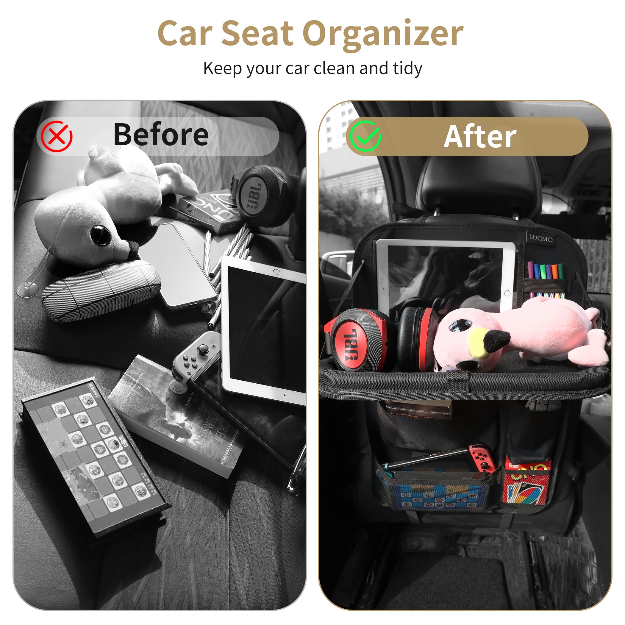 LUCMO Car Backseat Organizer with Tablet Holder - 6 Storage Pockets, Foldable Food Tray & Kick Mats Protectors - Black Travel Accessories for Road Trips, Family Vacations & Daily Commute