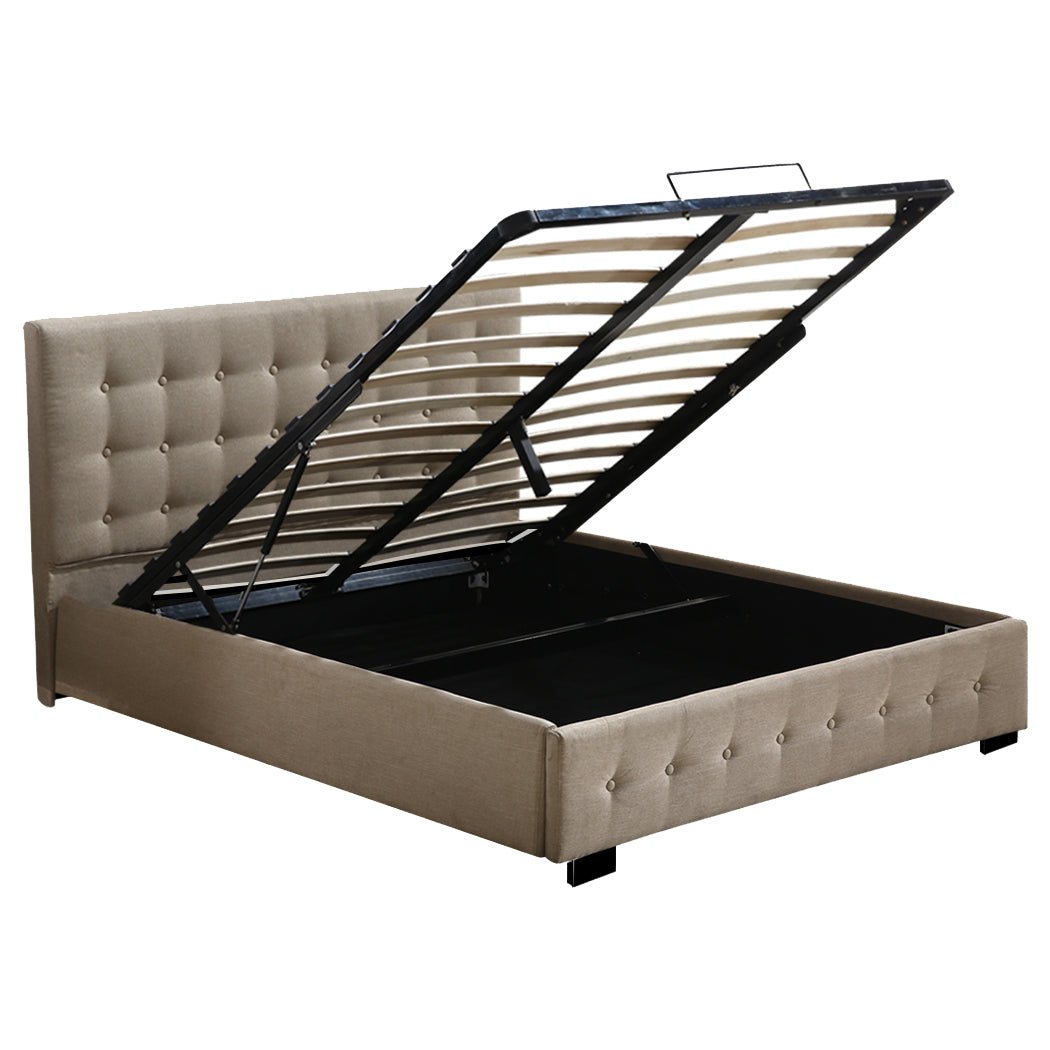 Queen Size Gas Lift Storage Bed Frame with Hydraulic Mechanism - Beige Upholstered Platform Bed for Spacious Bedroom Organization