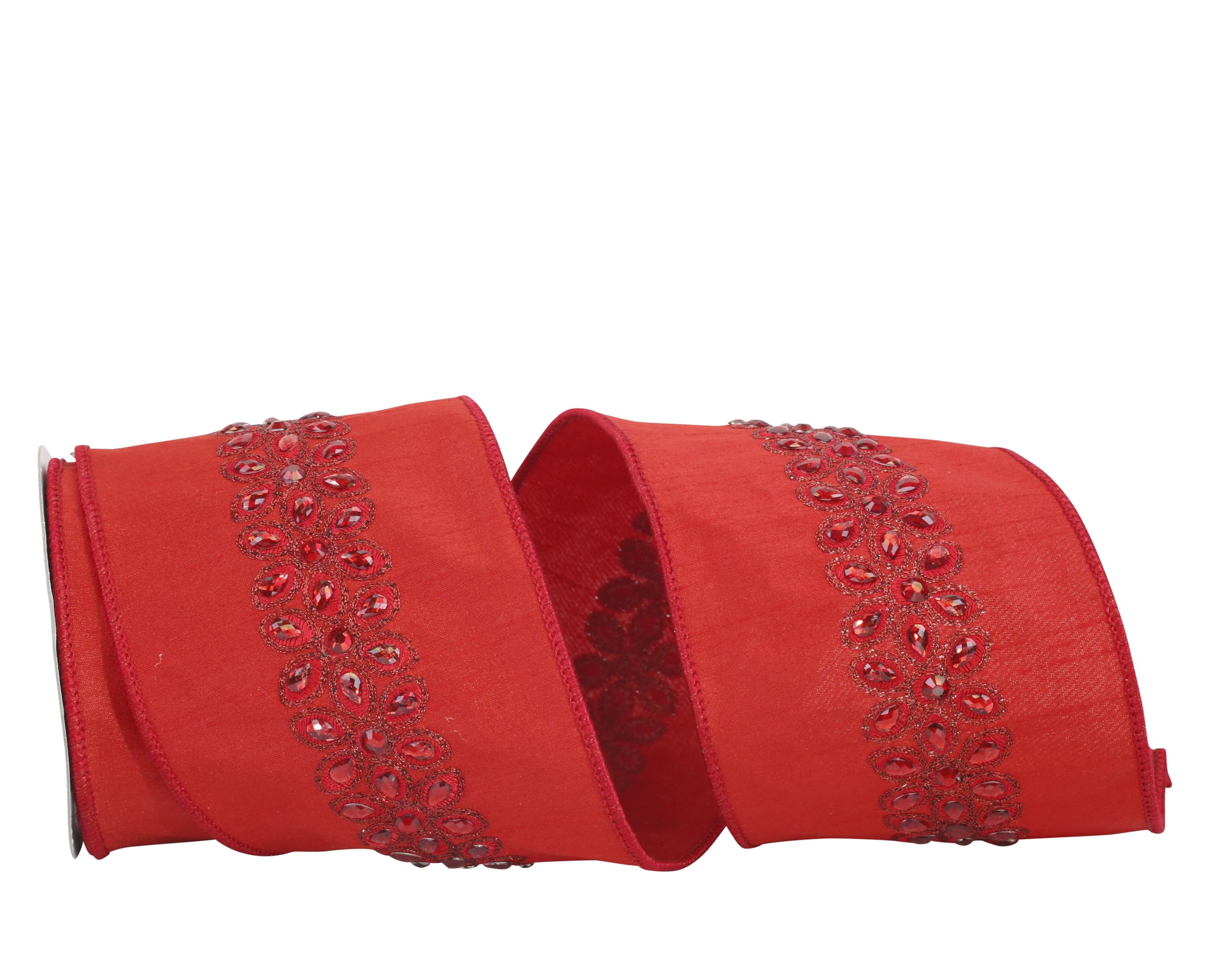 Reliant 4 Inch x 5 Yards Red Dupioni Beaded Embroidery Wired Edge Ribbon - Perfect for Wedding Decor, Gift Wrapping, and DIY Craft Projects