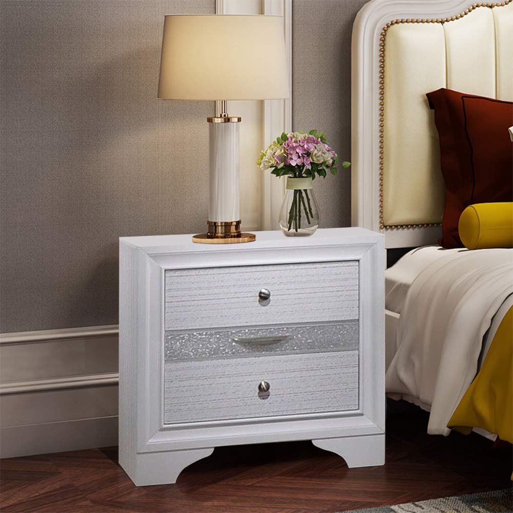 Modern White Nightstand with 3 Drawers - Elegant Wood Bedside Table with Crystal Inserts for Bedroom Storage - Fully Assembled Delivery | Perfect for Small Spaces, Guest Rooms & Apartment Living
