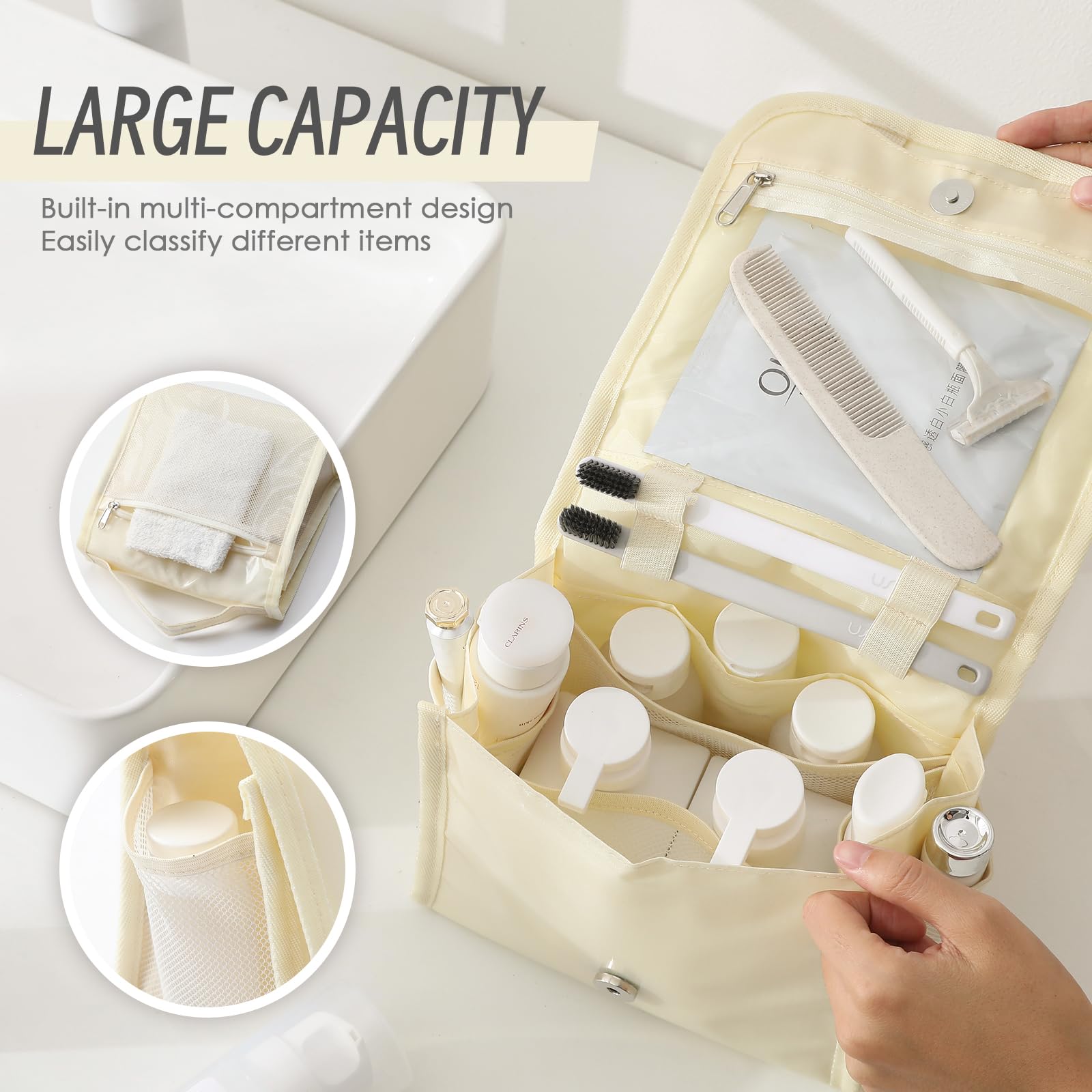 Waterproof Hanging Toiletry Bag for Women - Large Travel Cosmetic Organizer with Handle, Portable Makeup Bag for Full-Sized Toiletries (Beige) | Perfect for Travel, Gym, Camping & Daily Use