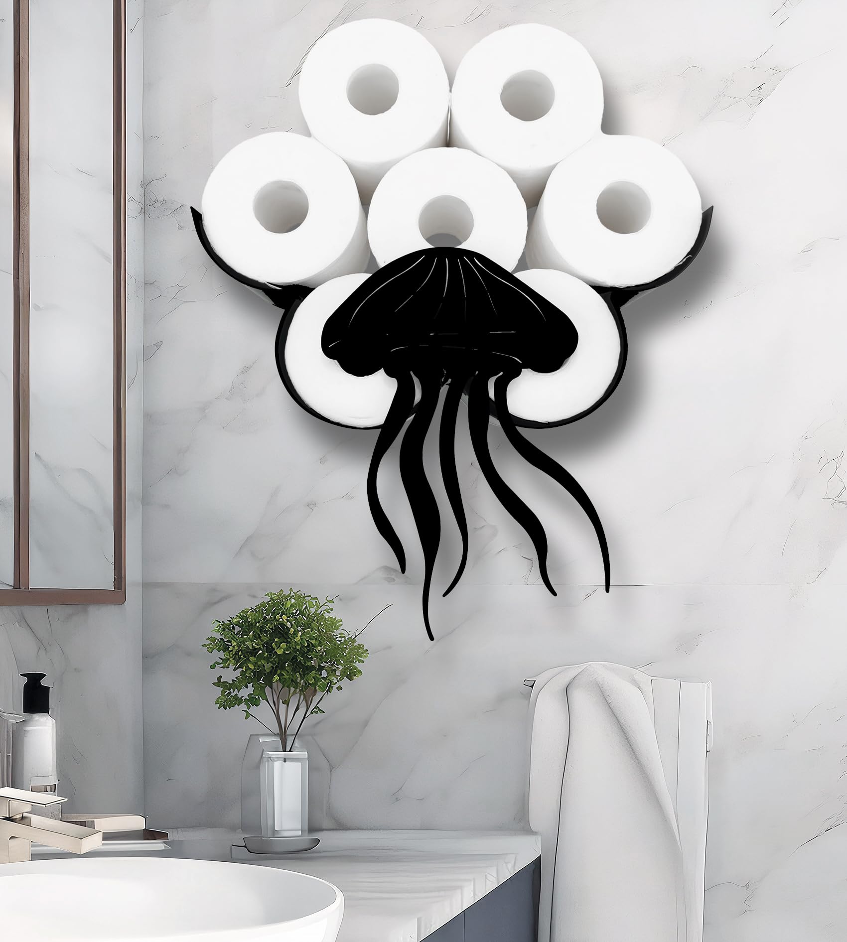 Funny Jellyfish Wall Mounted Toilet Paper Holder - Waterproof Metal Bathroom Storage Organizer for 8 Rolls | Unique Animal-Themed Home Decor for Coastal & Kids' Bathrooms